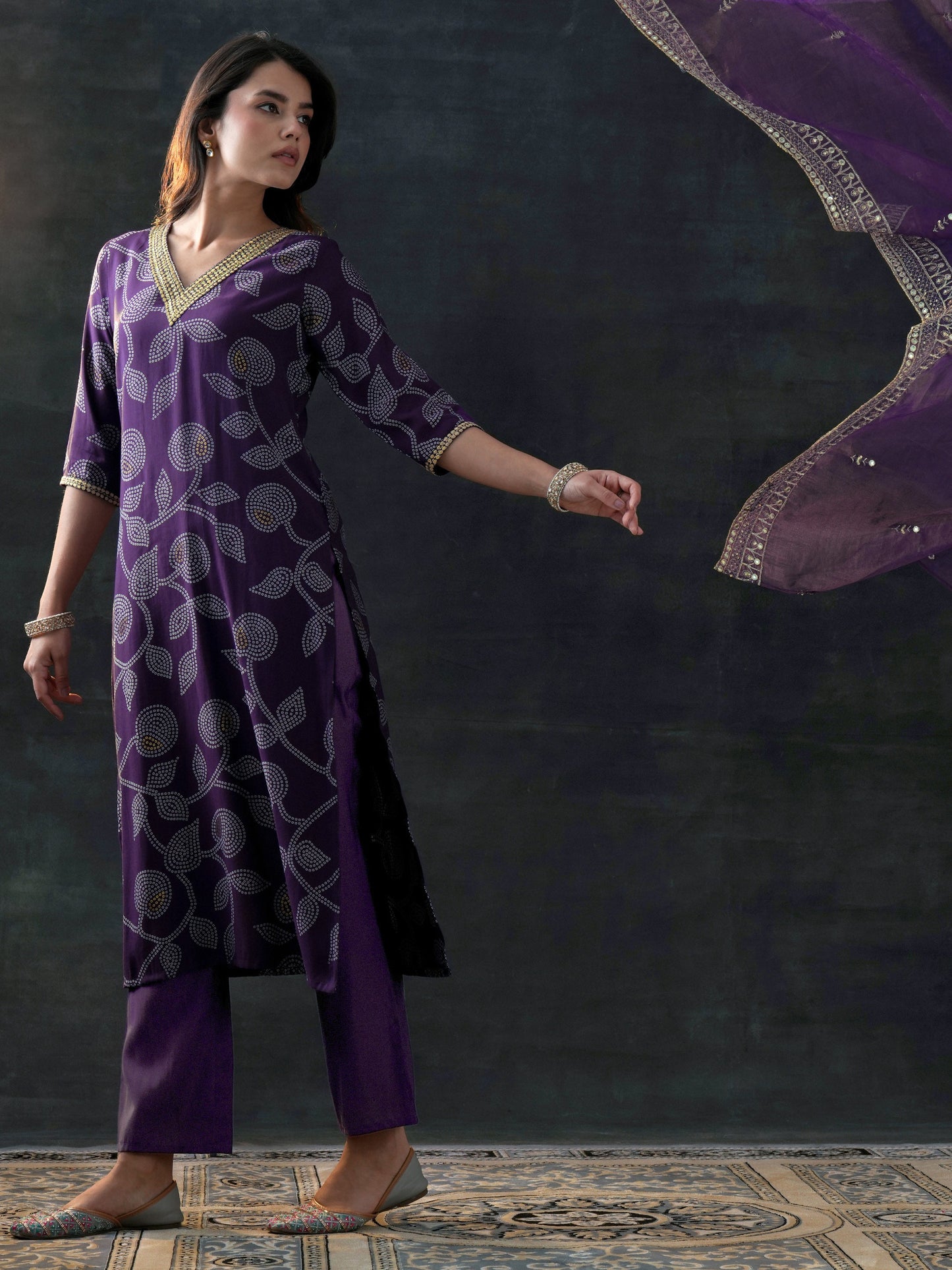 Purple Embroidered Silk Blend Straight Suit Set With Dupatta
