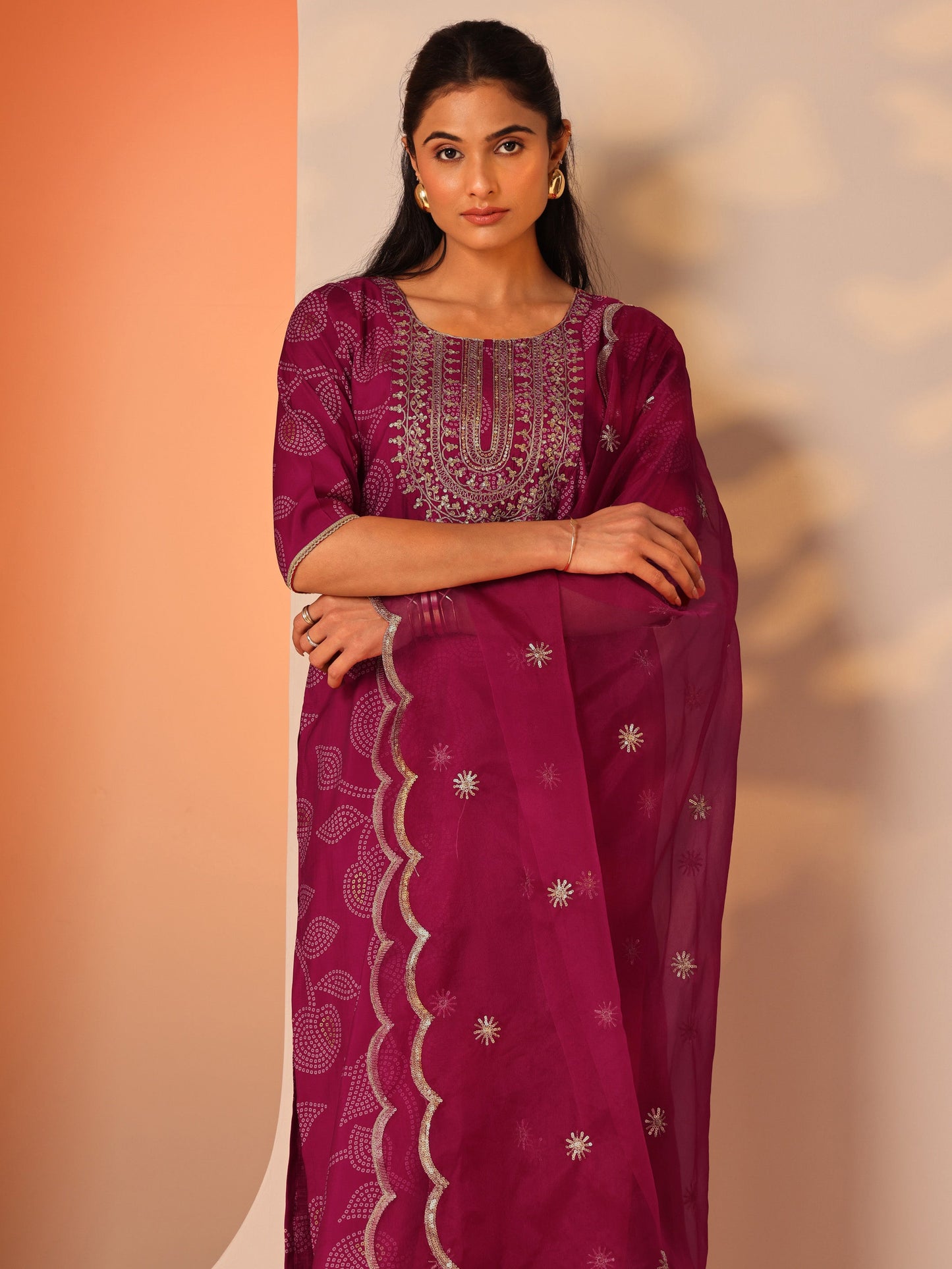 Pink Printed Silk Blend Straight Suit Set With Dupatta