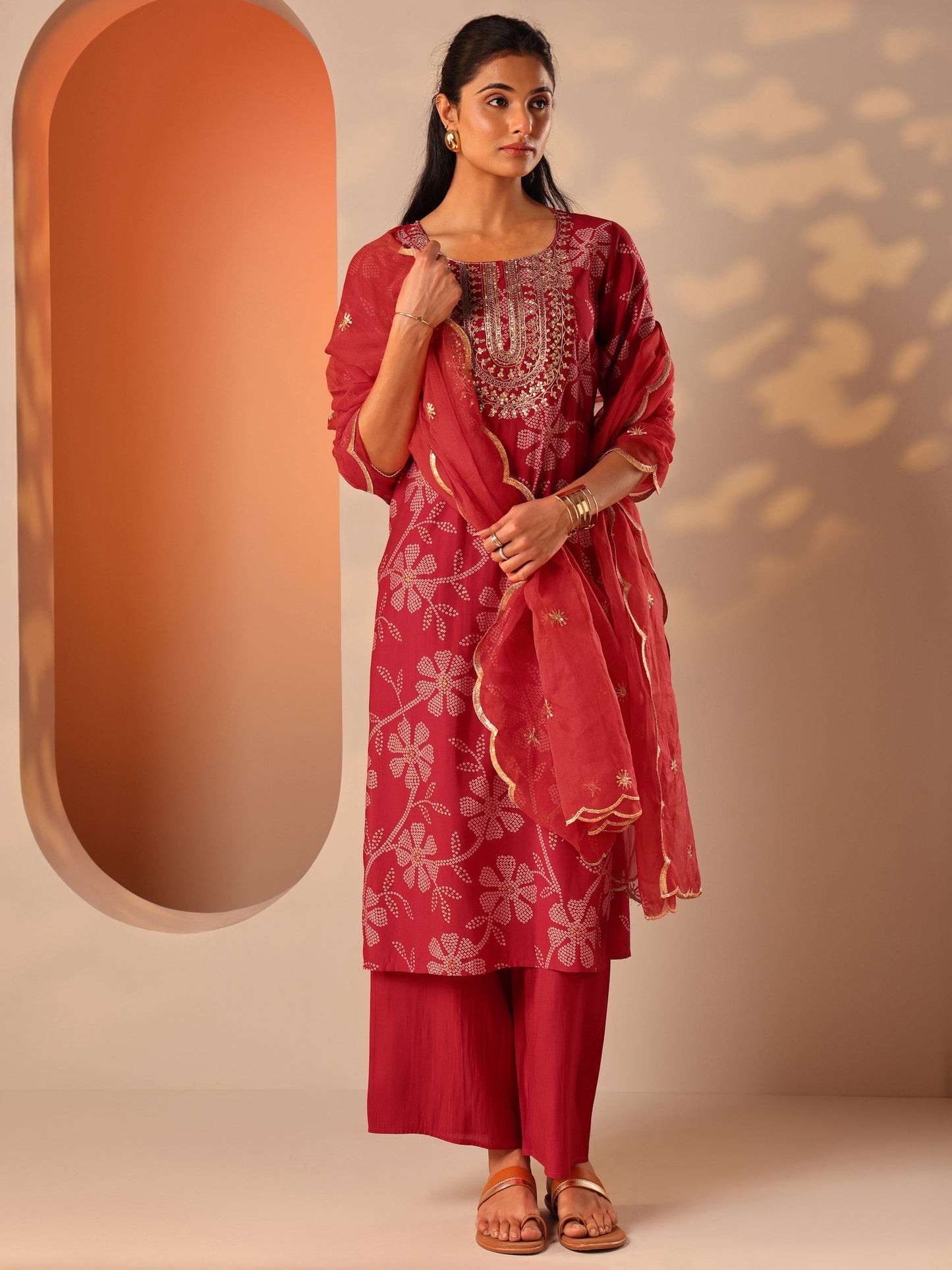 Red Printed Silk Blend Straight Suit Set With Dupatta