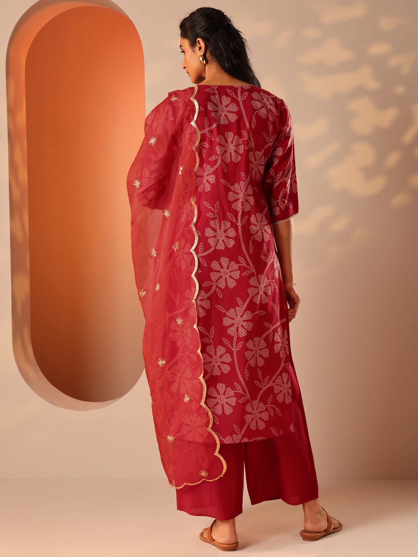 Red Printed Silk Blend Straight Suit Set With Dupatta