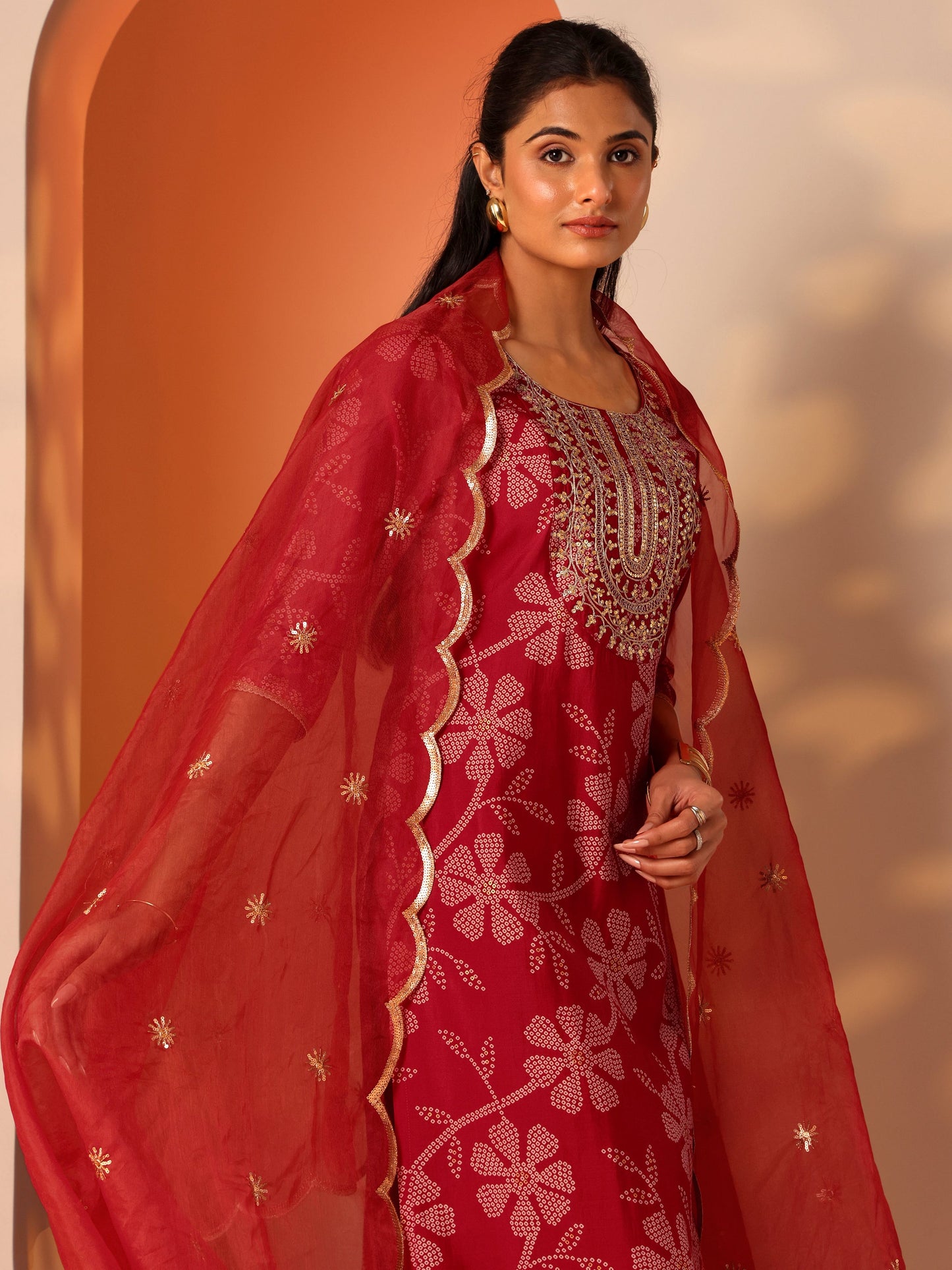 Red Printed Silk Blend Straight Suit Set With Dupatta
