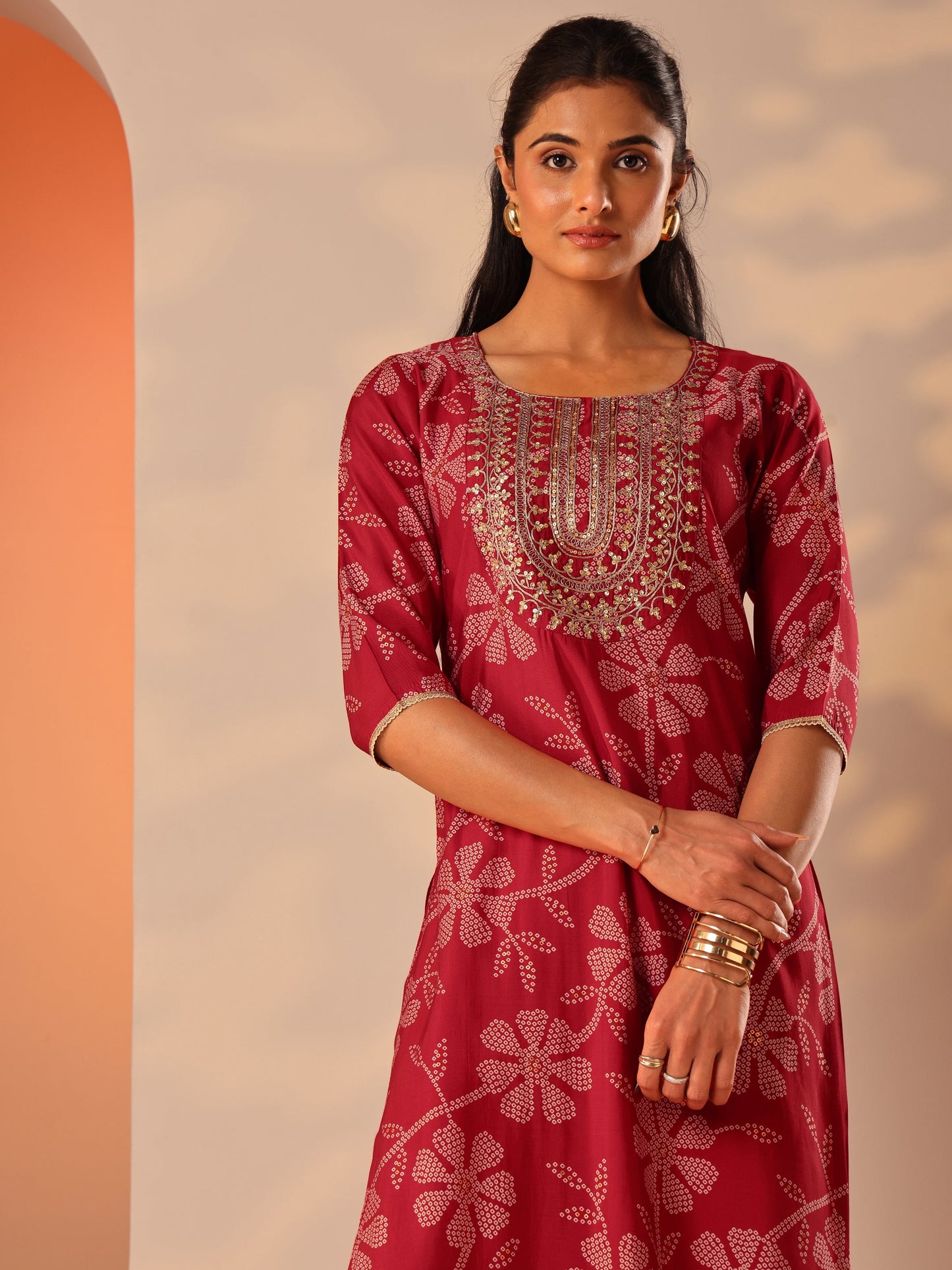 Red Printed Silk Blend Straight Suit Set With Dupatta