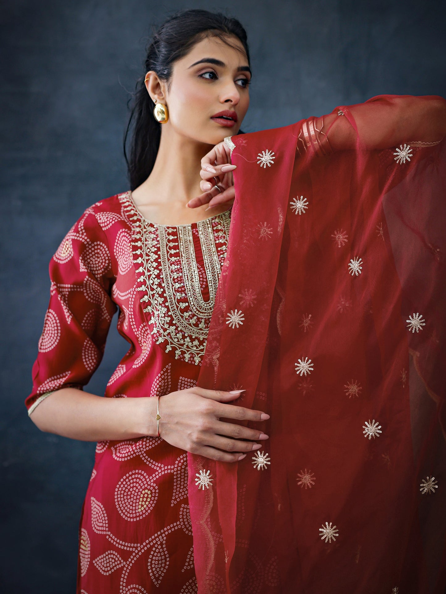 Red Printed Silk Blend Straight Suit Set With Dupatta