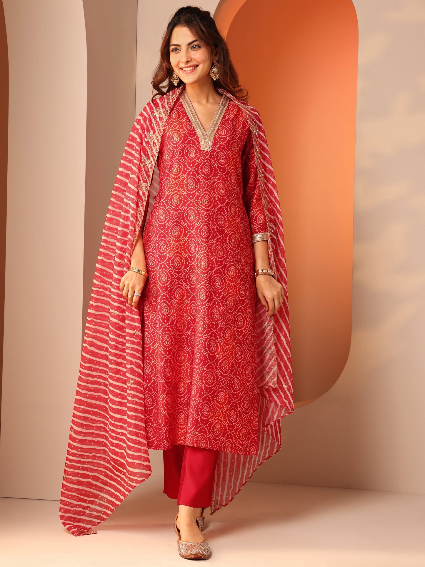 Red Printed Silk Blend Straight Suit Set With Dupatta