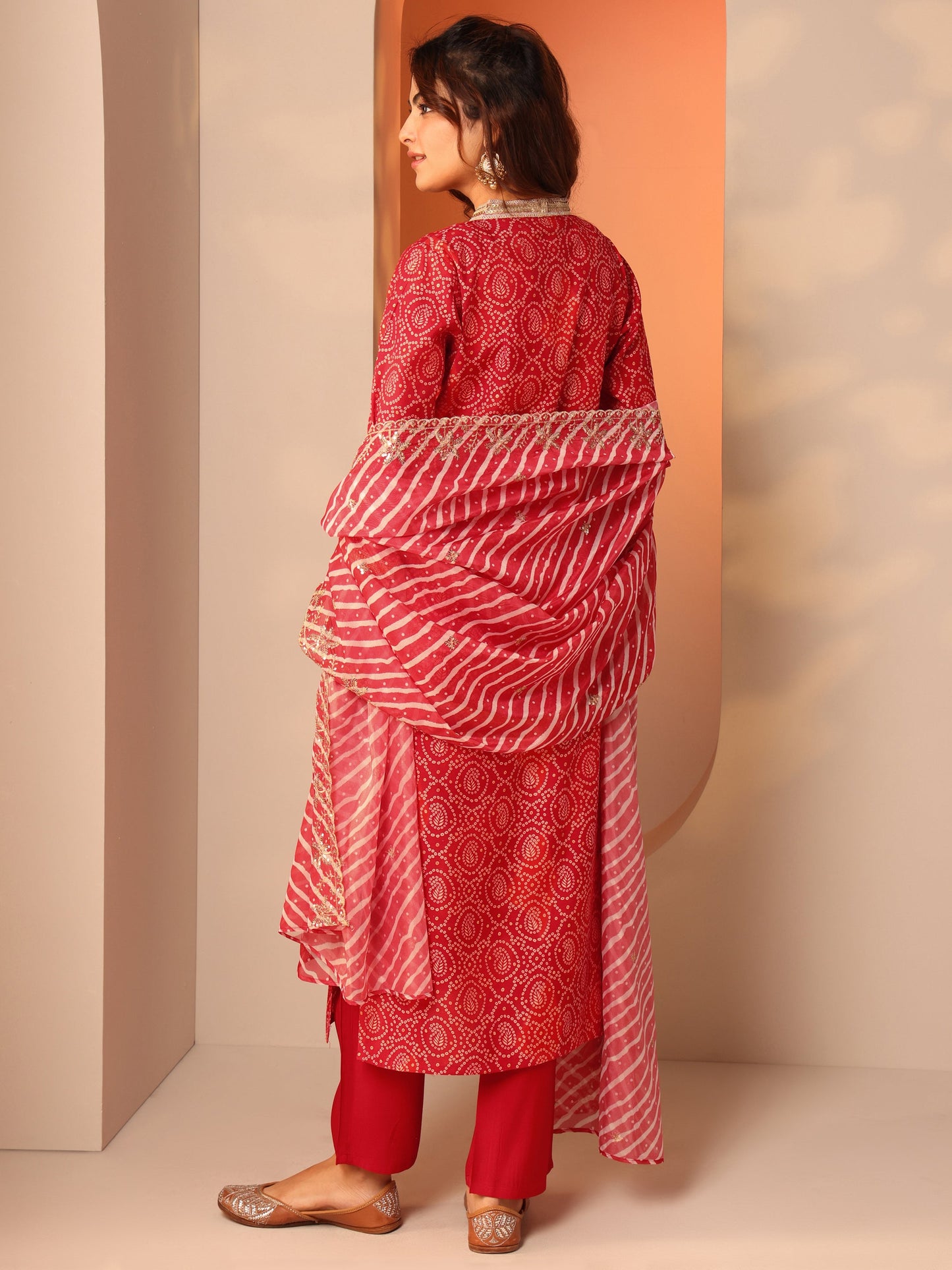 Red Printed Silk Blend Straight Suit Set With Dupatta