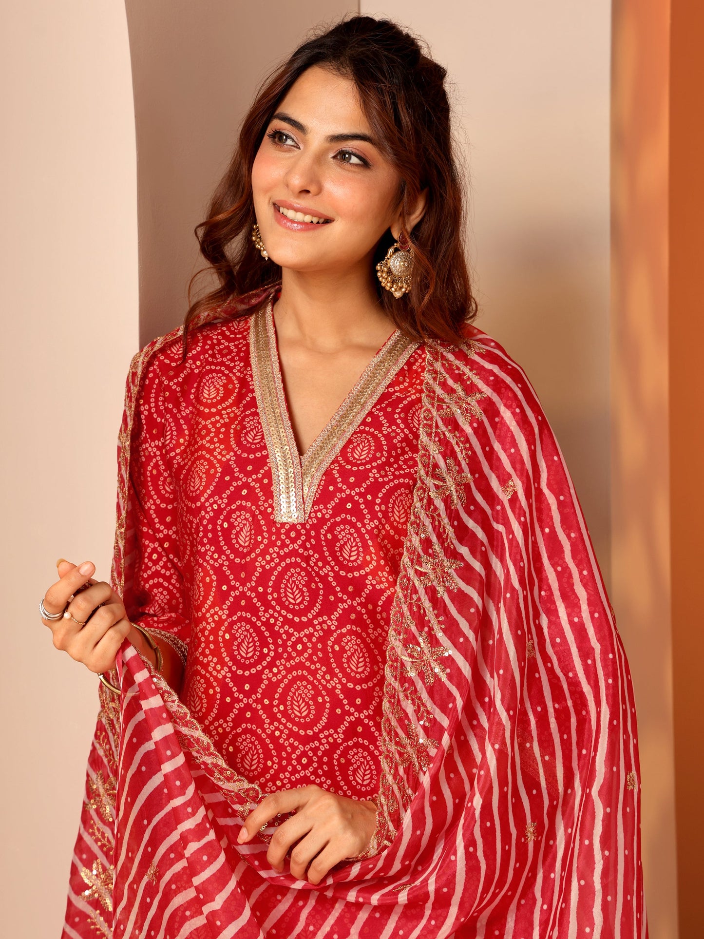 Red Printed Silk Blend Straight Suit Set With Dupatta