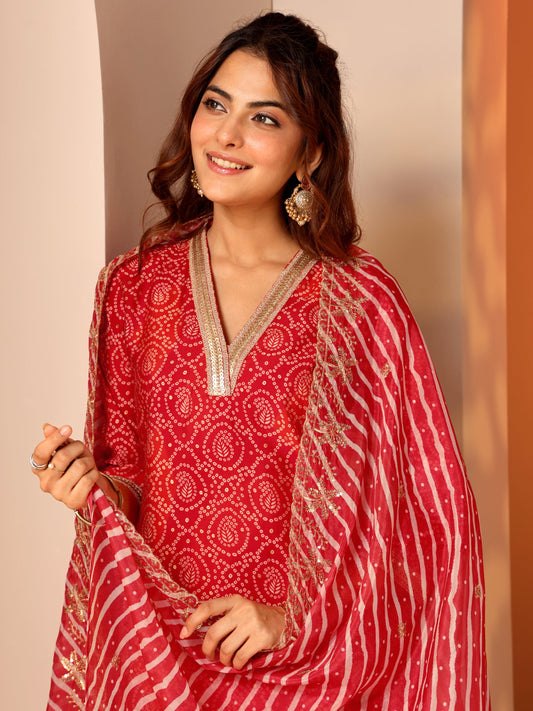 Red Printed Silk Blend Straight Suit Set With Dupatta