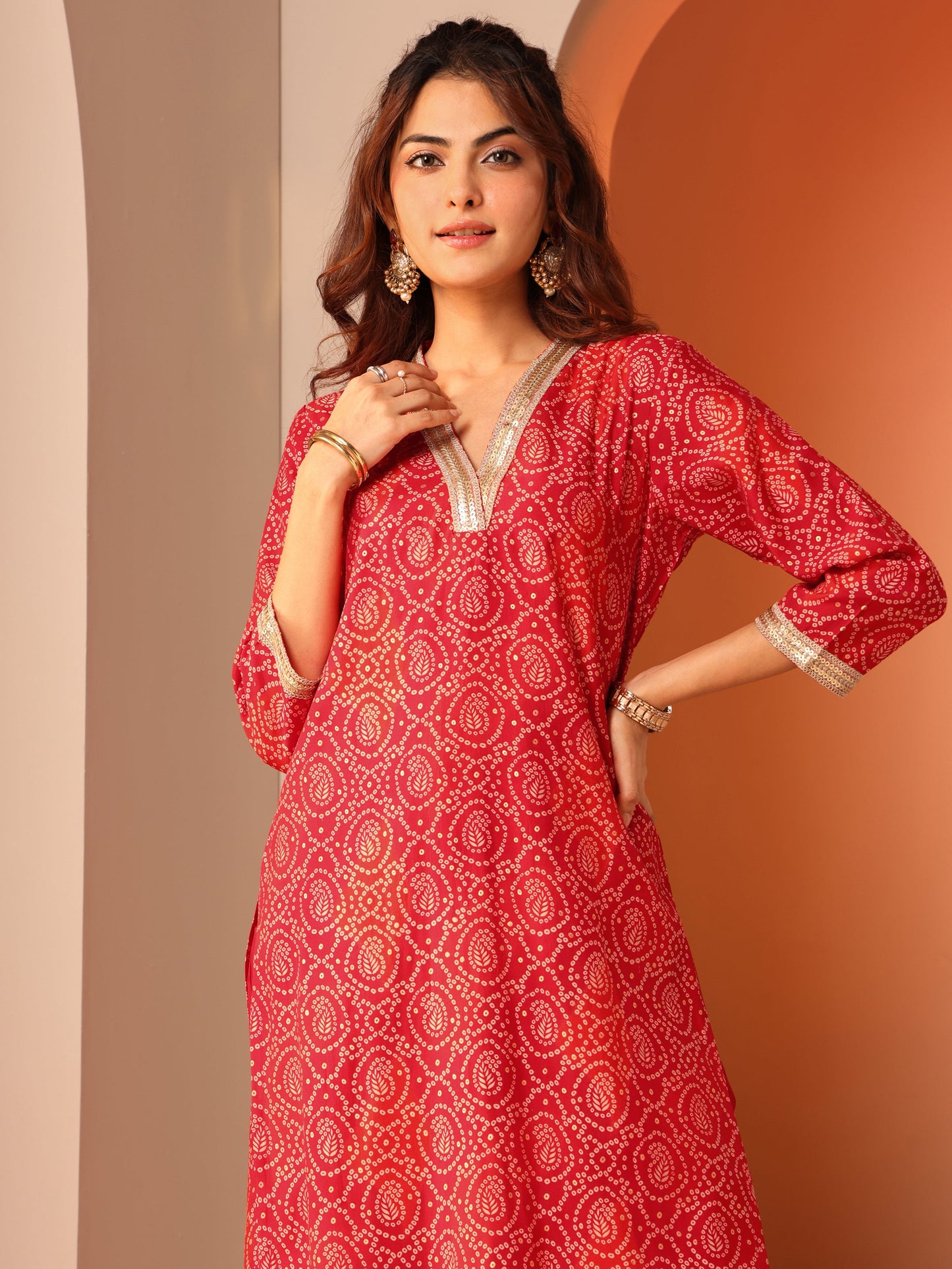 Red Printed Silk Blend Straight Suit Set With Dupatta