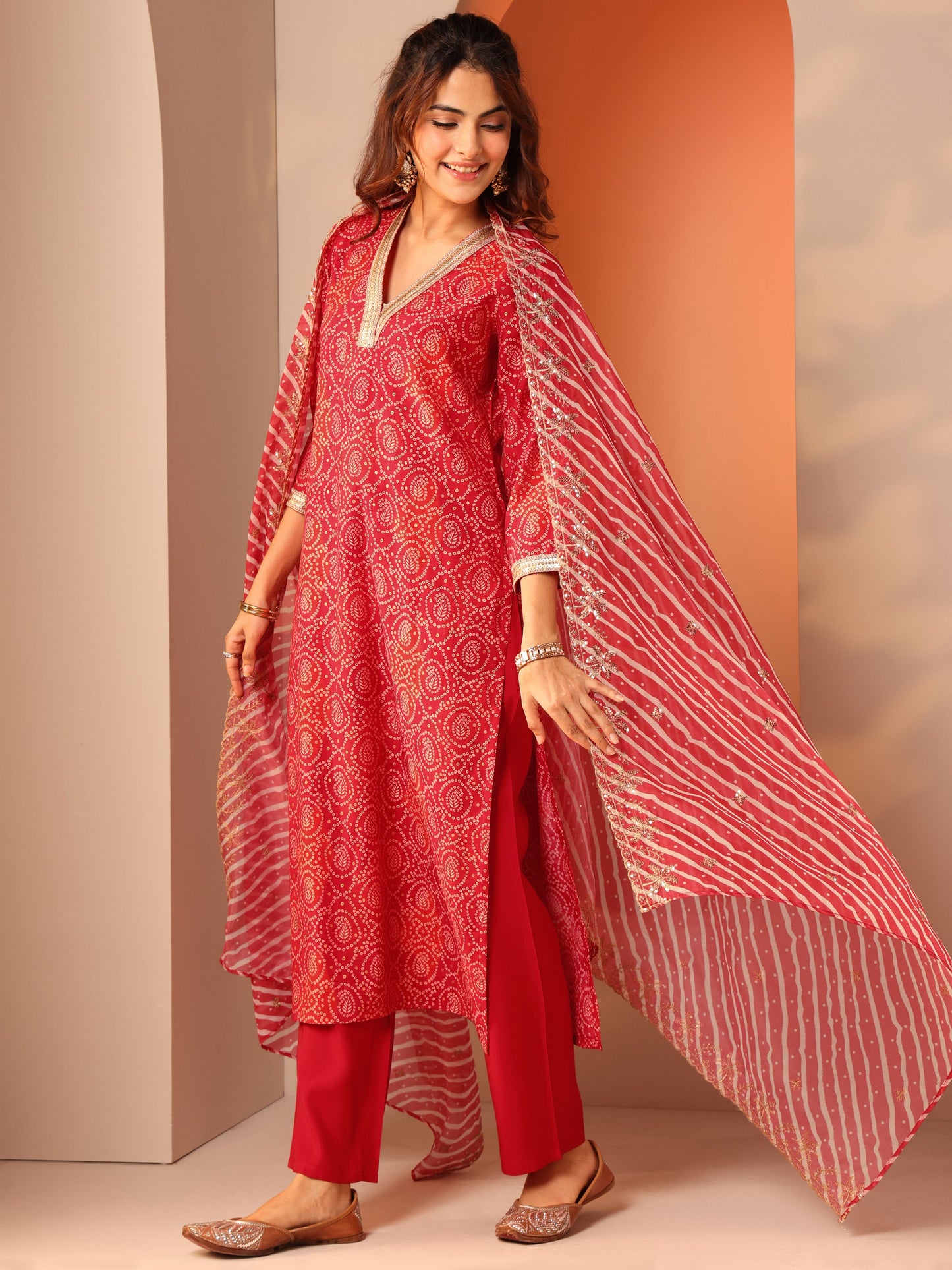 Red Printed Silk Blend Straight Suit Set With Dupatta