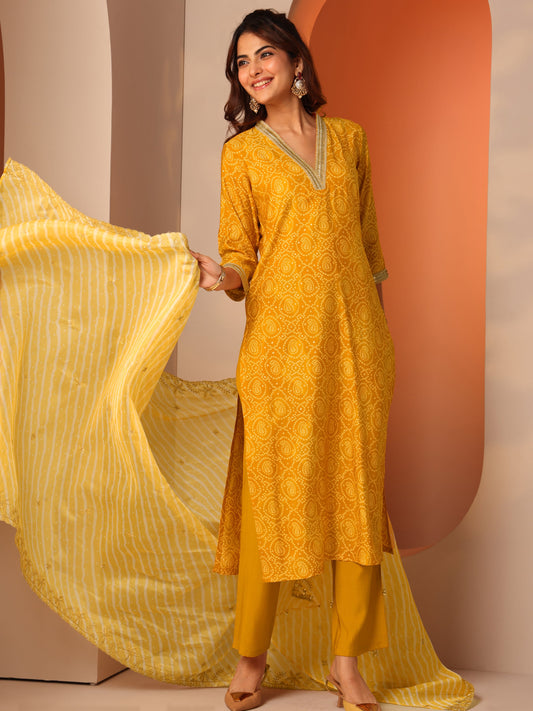 Yellow Printed Silk Blend Straight Suit Set With Dupatta