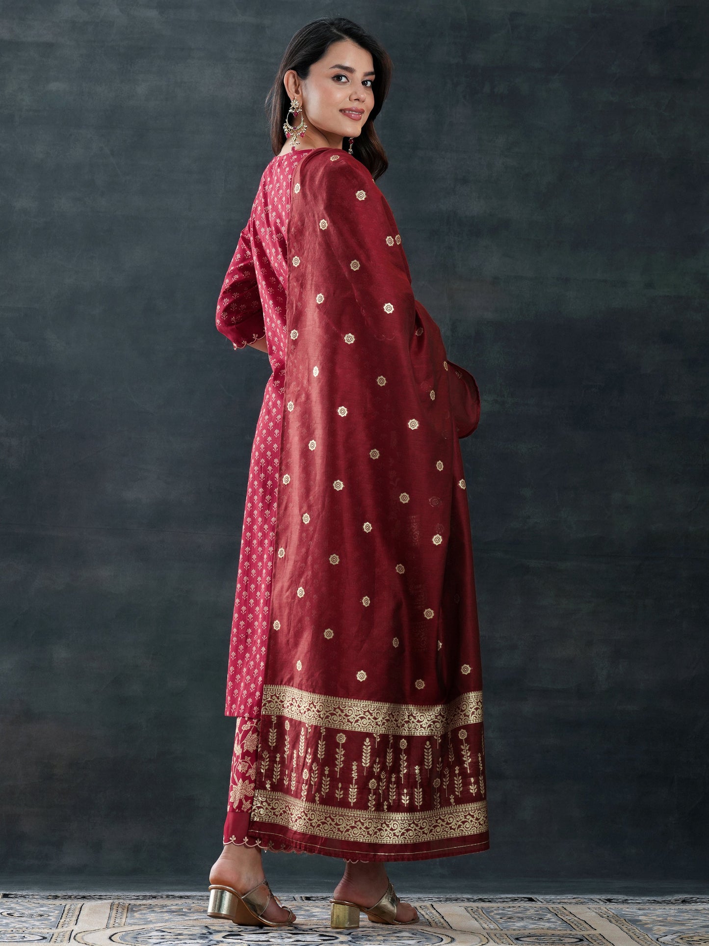 Maroon Woven Design Cotton Straight Suit Set With Dupatta