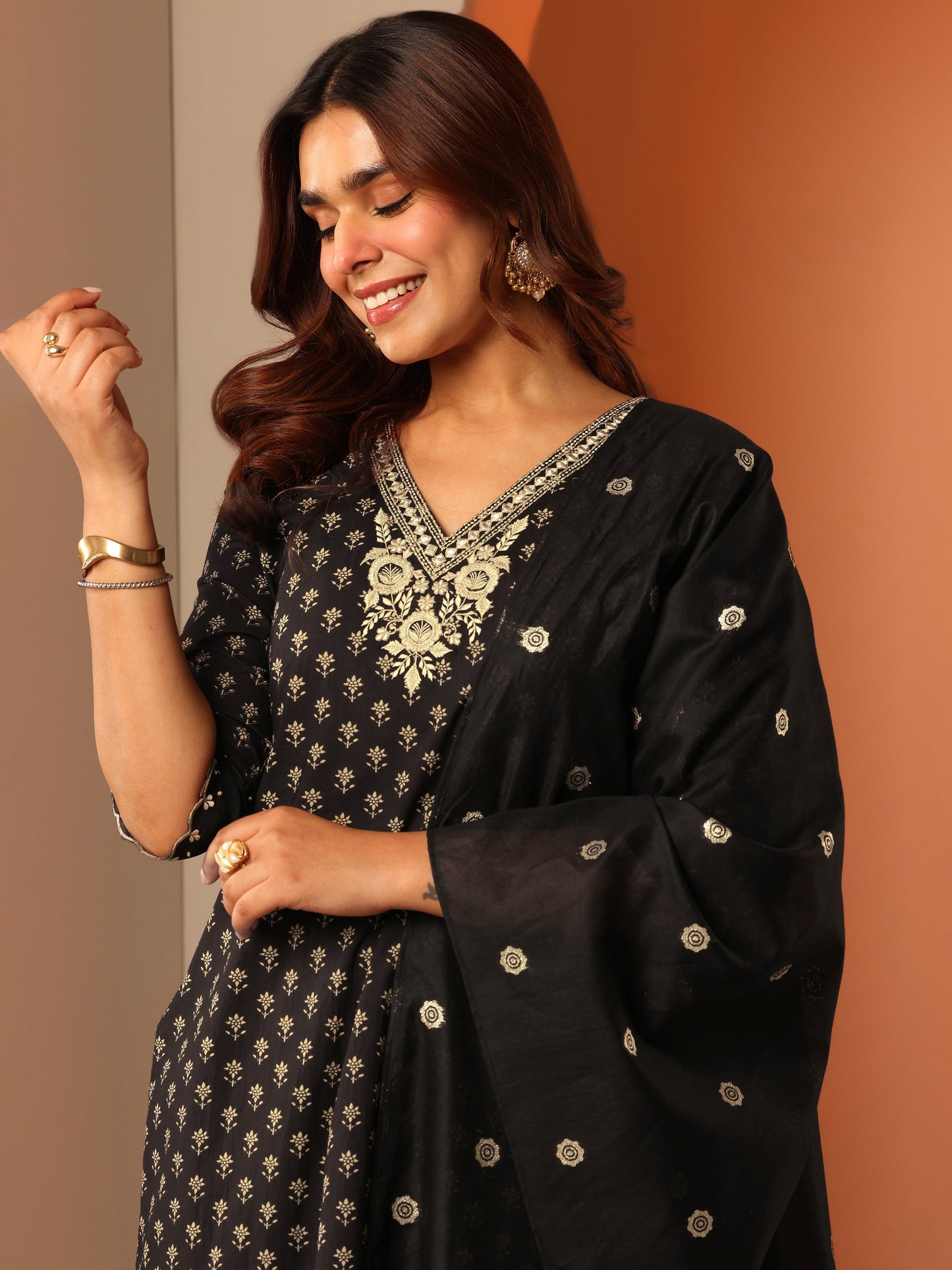 Black Woven Design Cotton Straight Suit Set With Dupatta
