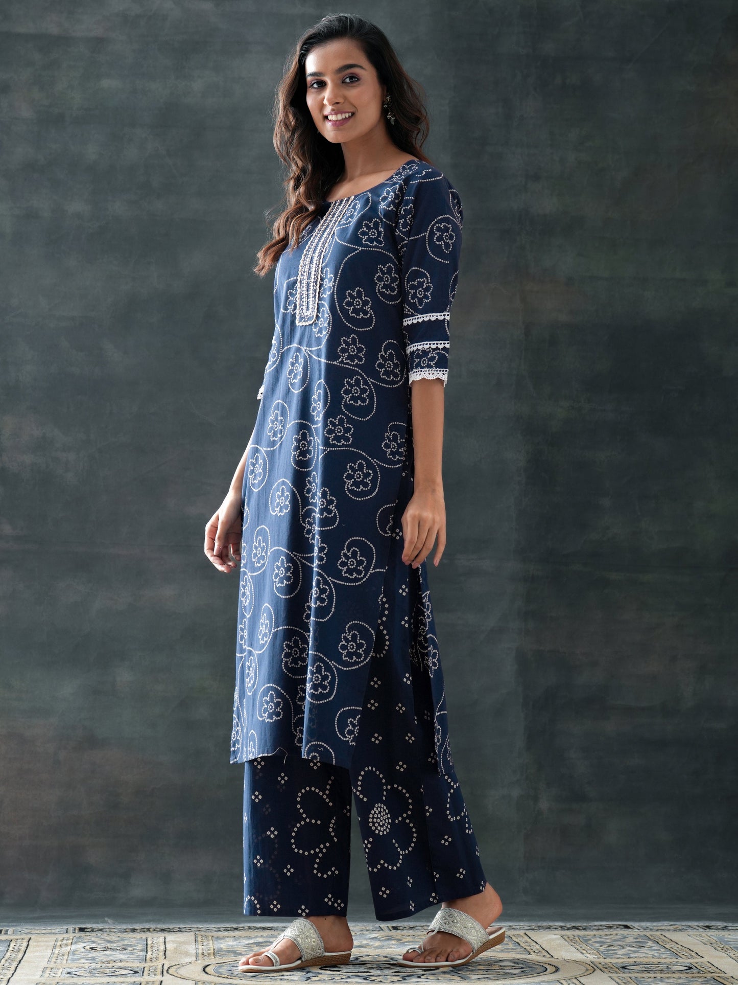 Blue Printed Cotton Straight Suit Set With Dupatta