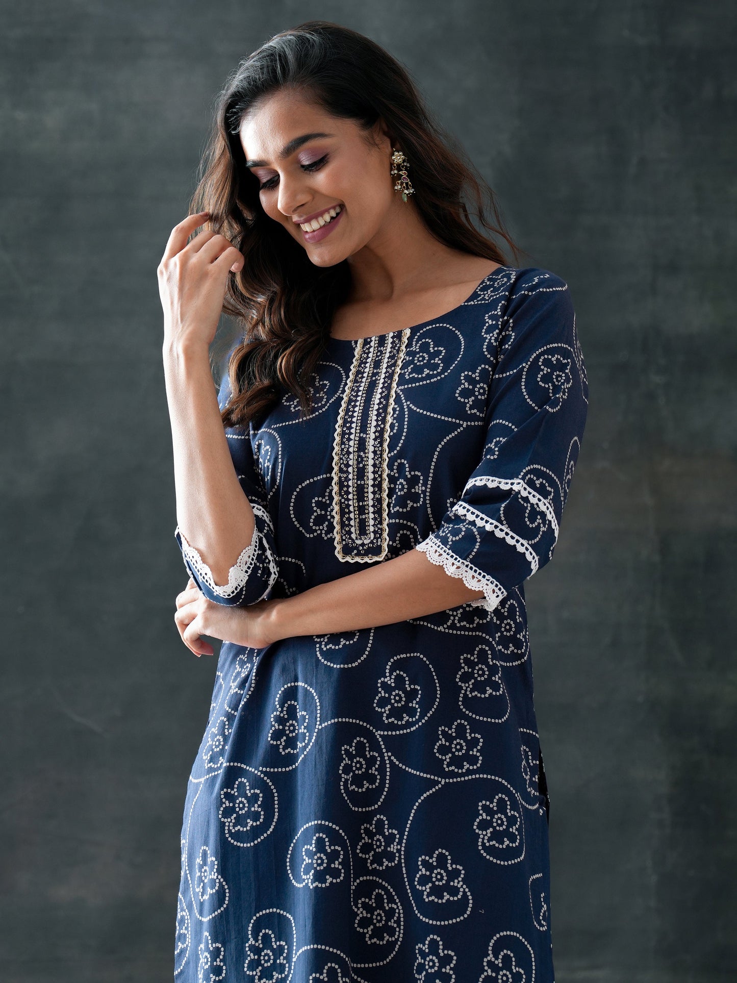 Blue Printed Cotton Straight Suit Set With Dupatta