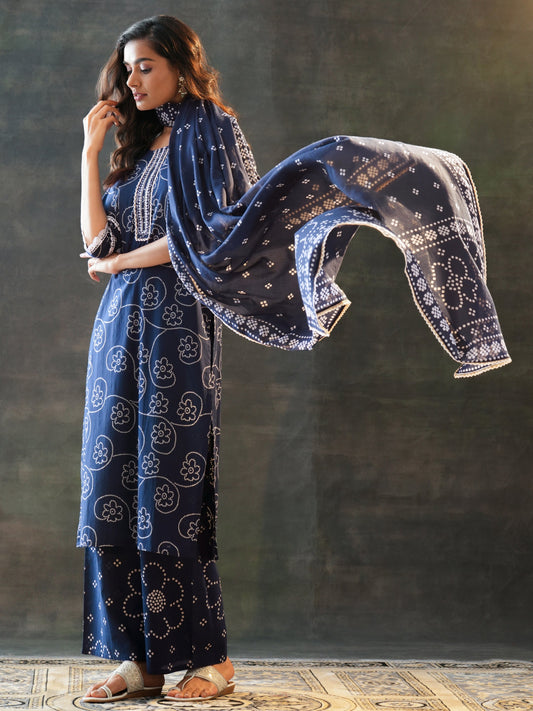 Blue Printed Cotton Straight Suit Set With Dupatta