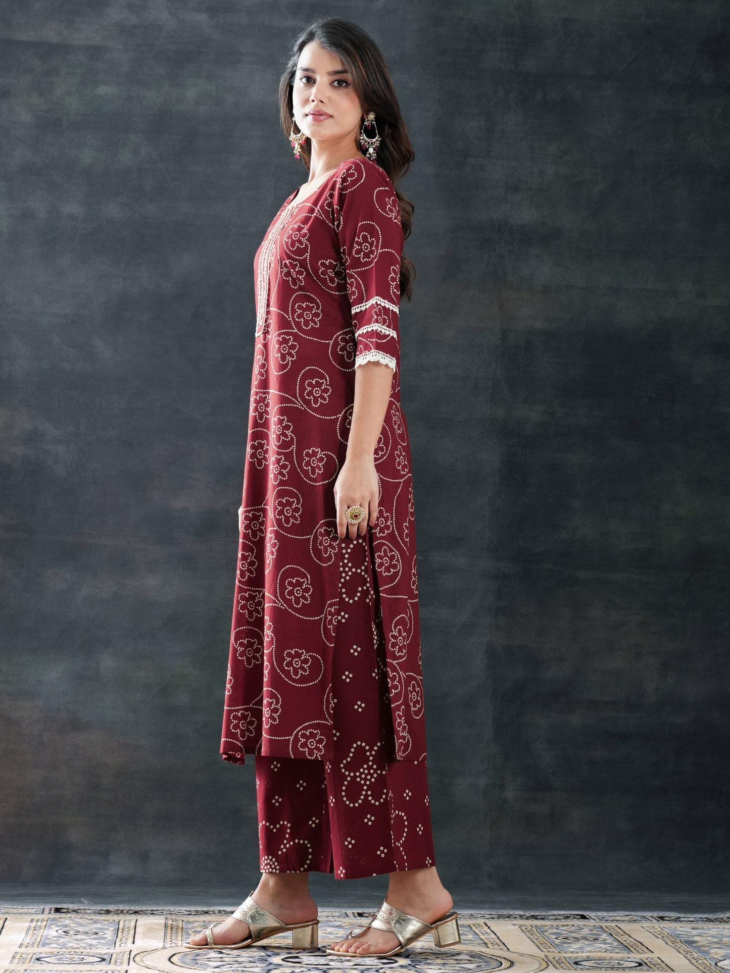 Maroon Printed Cotton Straight Suit Set With Dupatta