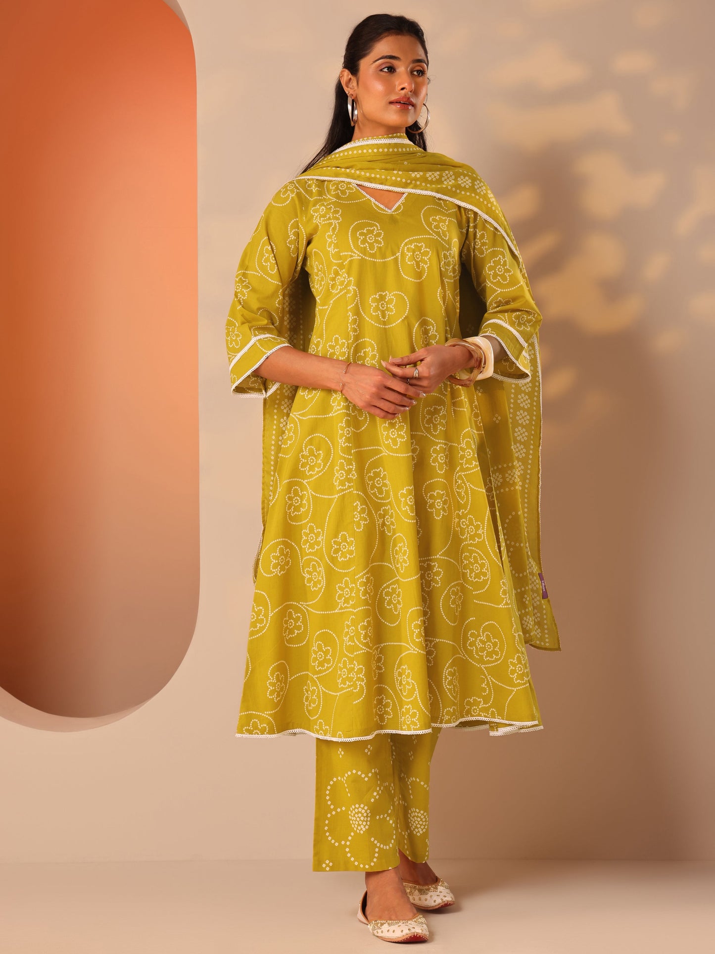 Mustard Printed Cotton A-Line Suit Set With Dupatta