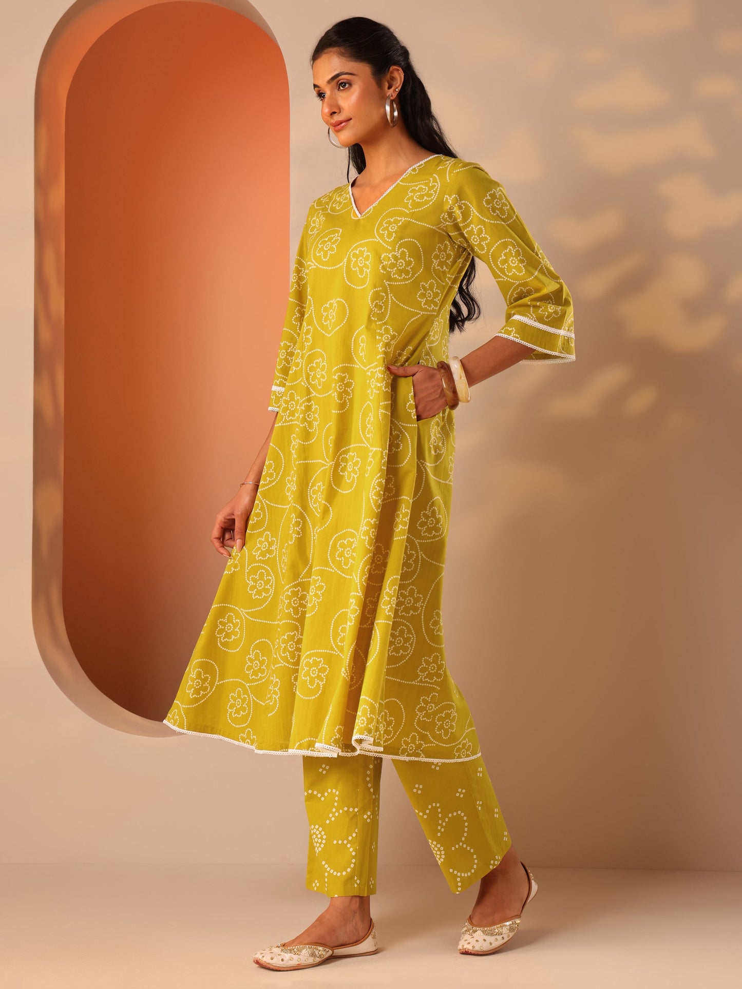 Mustard Printed Cotton A-Line Suit Set With Dupatta
