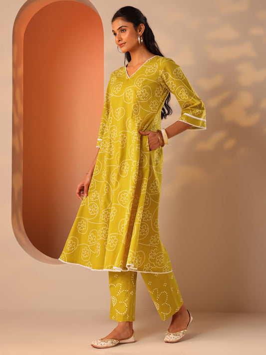 Mustard Printed Cotton A-Line Suit Set With Dupatta