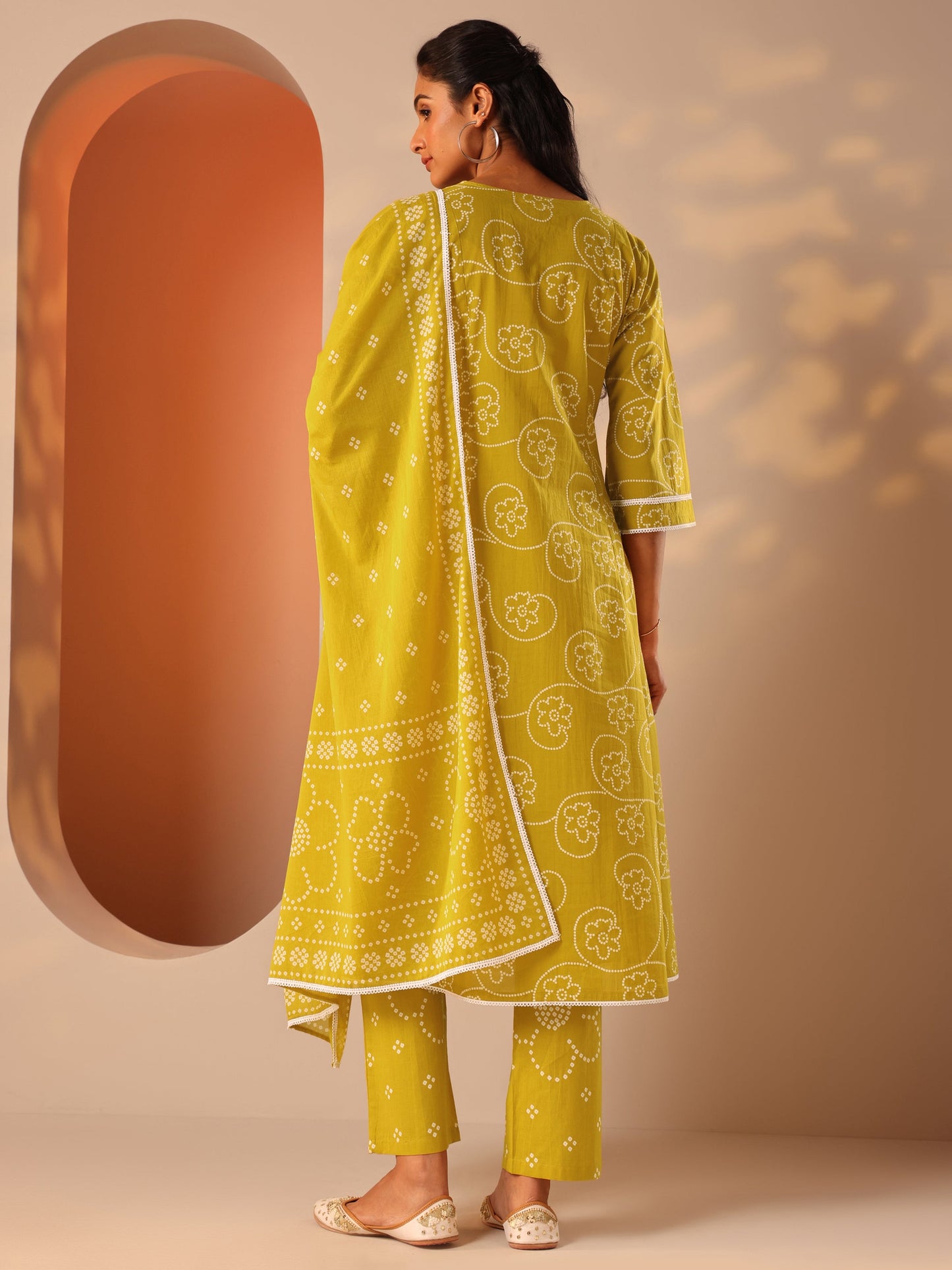 Mustard Printed Cotton A-Line Suit Set With Dupatta