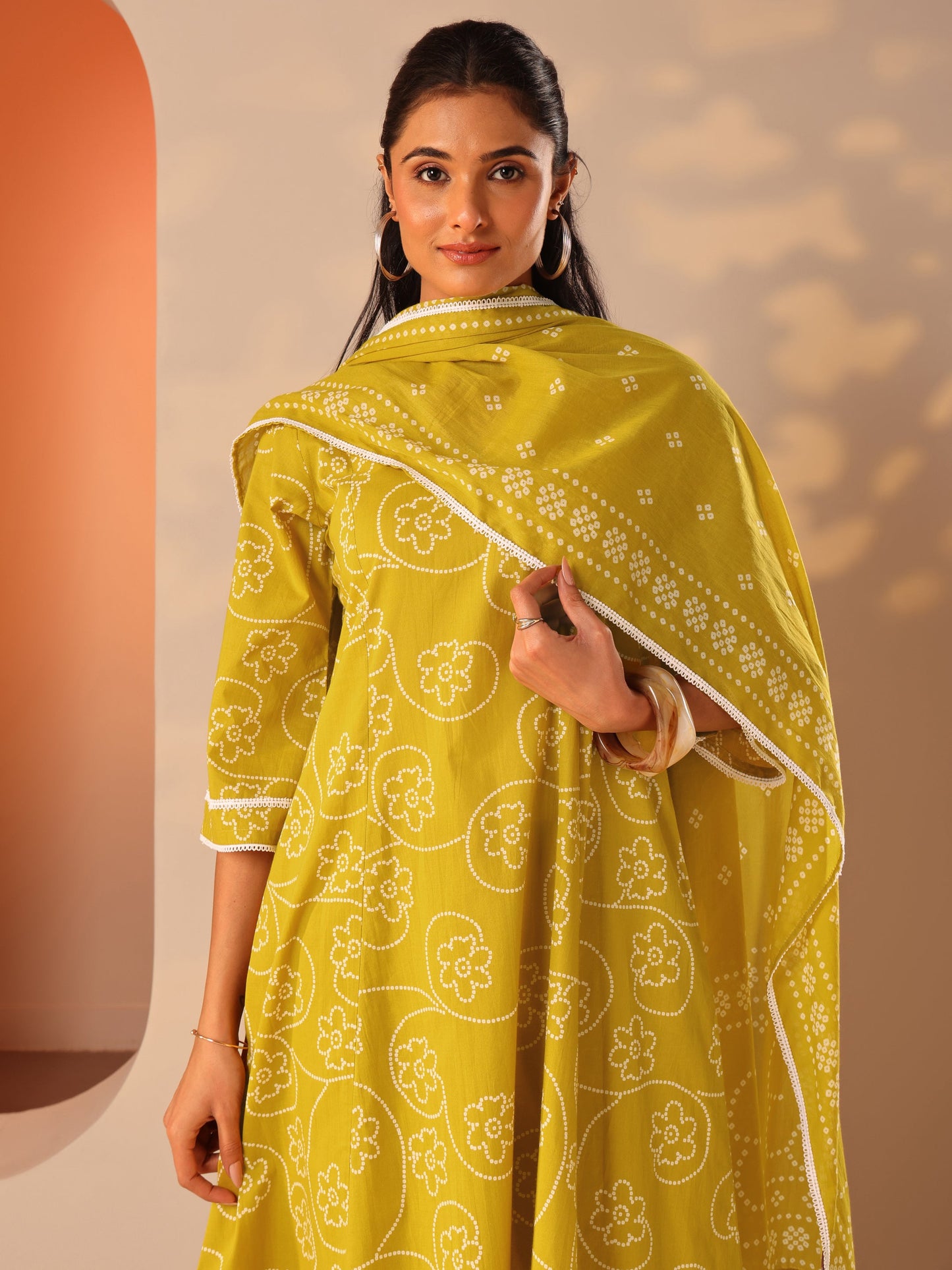 Mustard Printed Cotton A-Line Suit Set With Dupatta