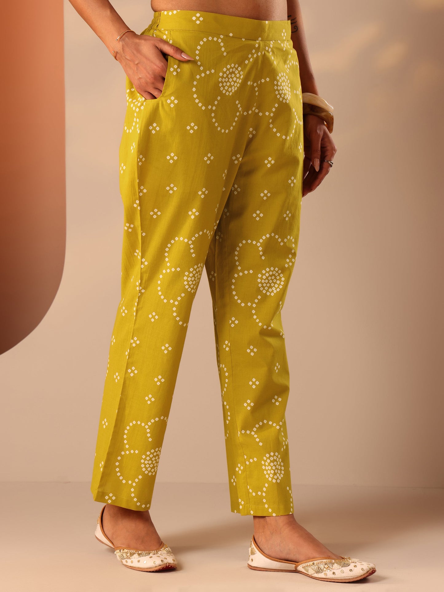 Mustard Printed Cotton A-Line Suit Set With Dupatta