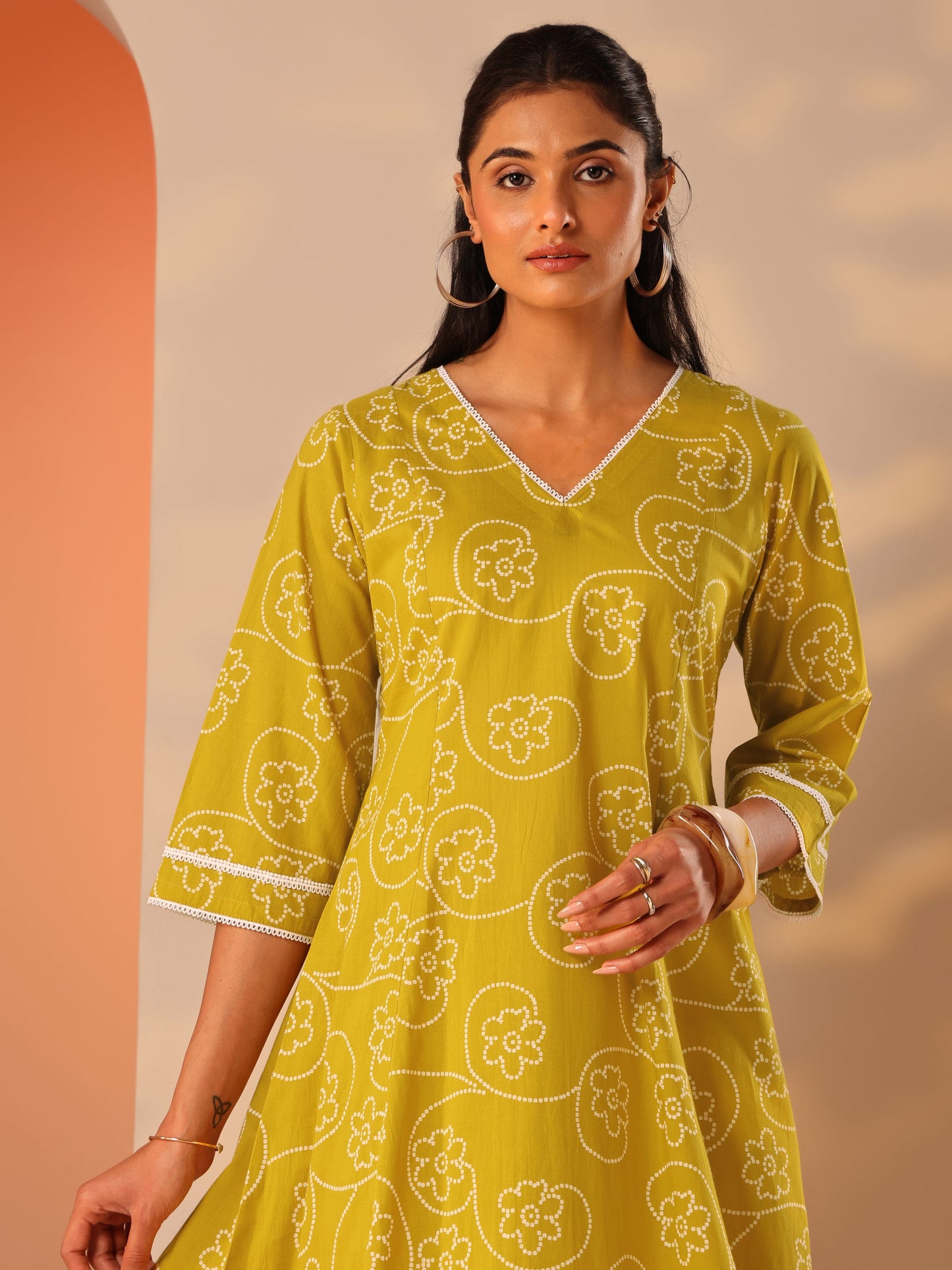 Mustard Printed Cotton A-Line Suit Set With Dupatta