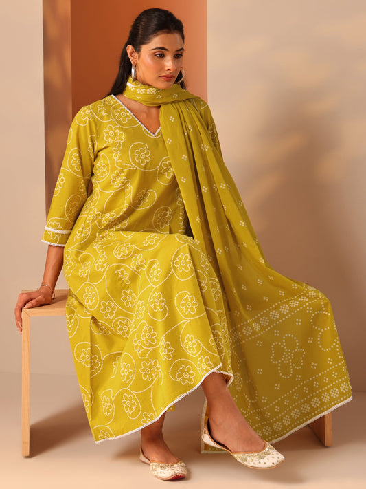 Mustard Printed Cotton A-Line Suit Set With Dupatta