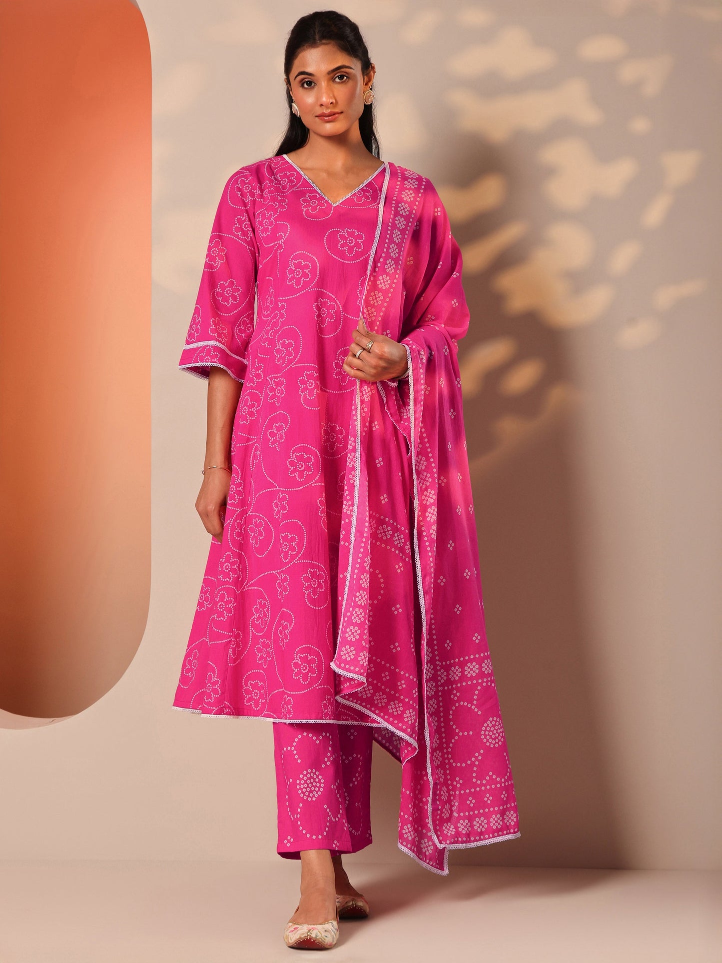 Pink Printed Cotton A-Line Suit Set With Dupatta