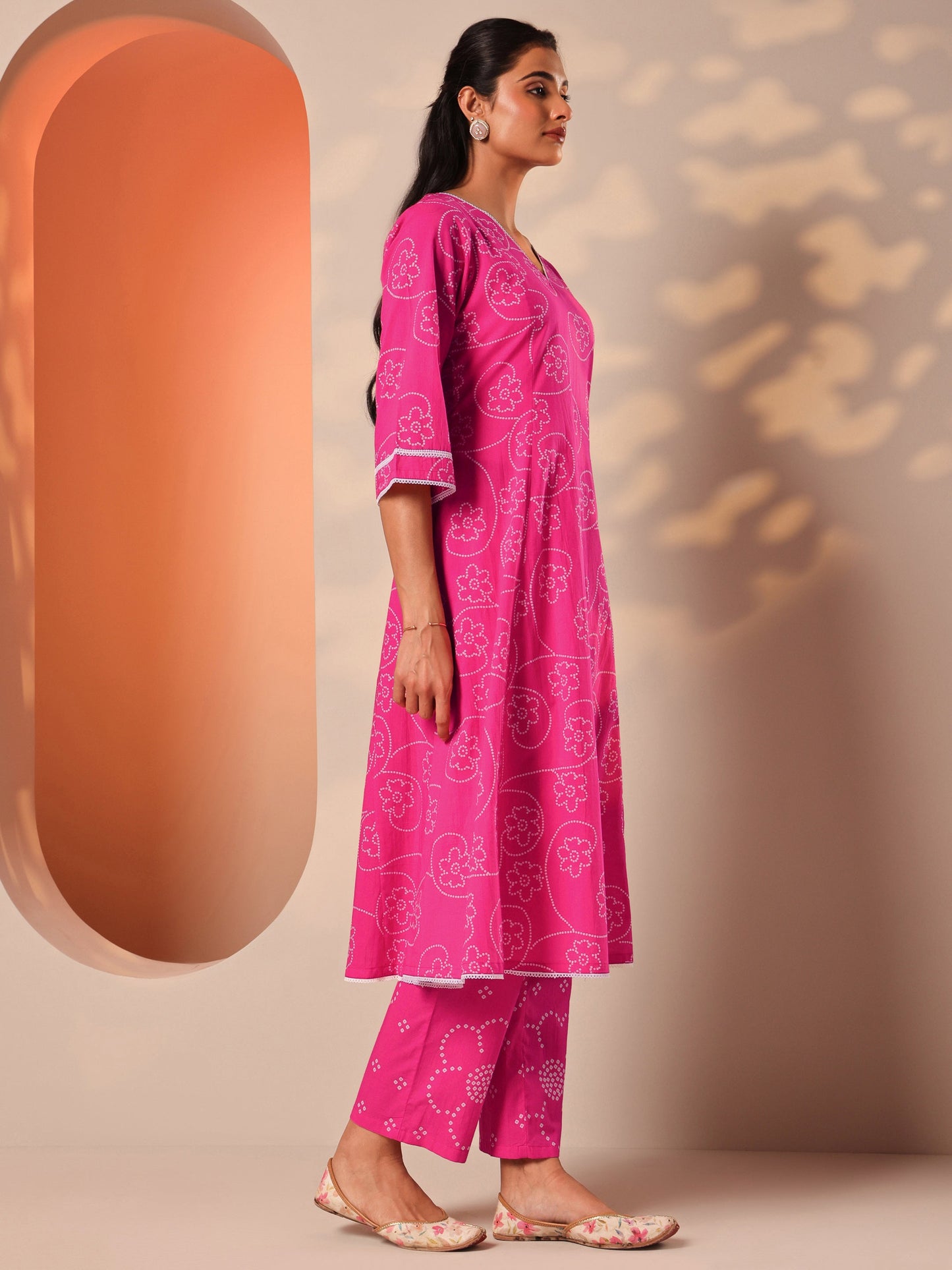 Pink Printed Cotton A-Line Suit Set With Dupatta