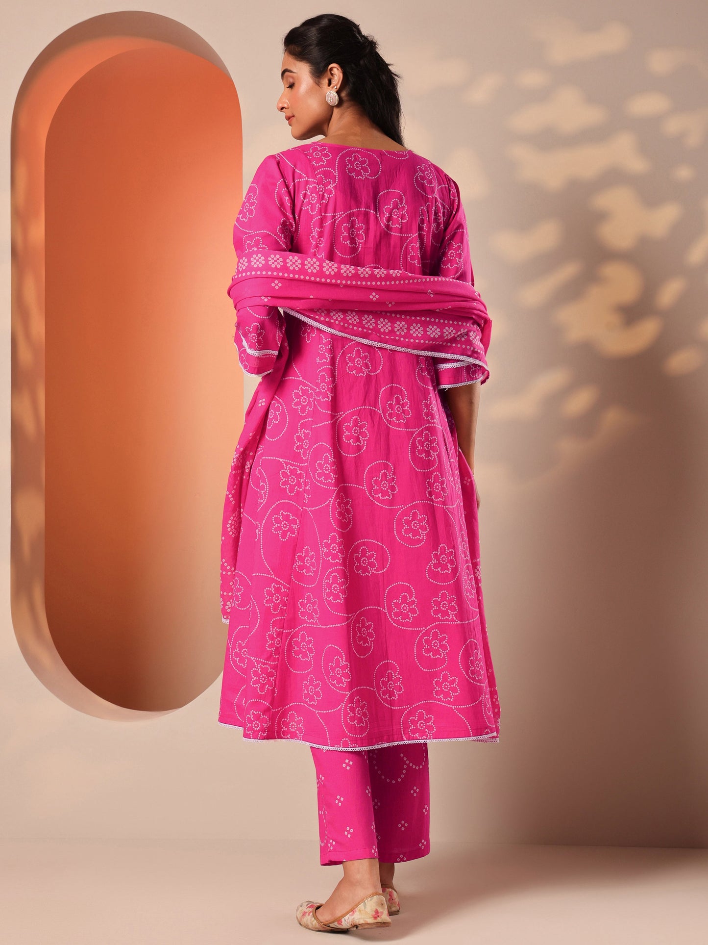 Pink Printed Cotton A-Line Suit Set With Dupatta