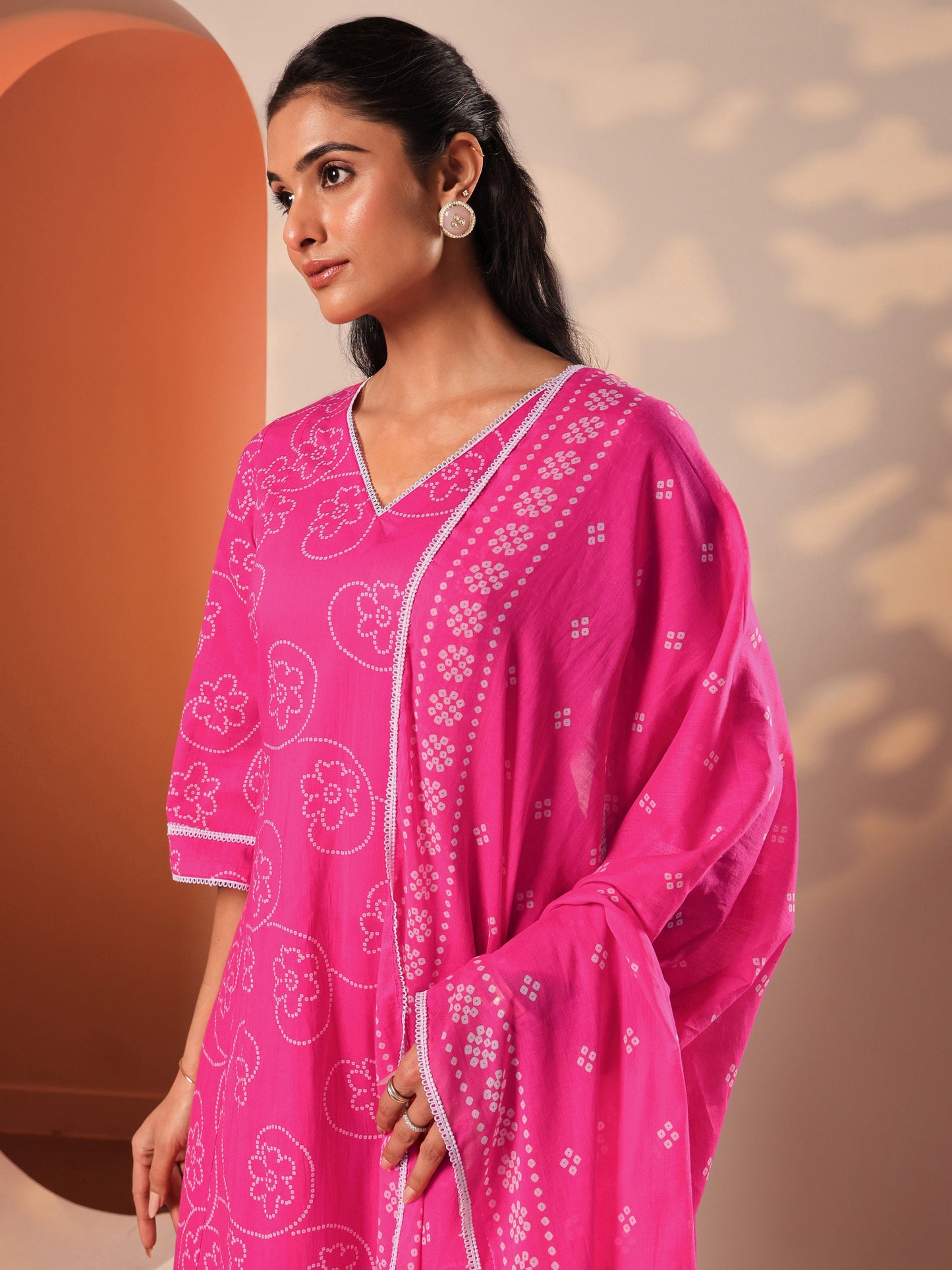 Pink Printed Cotton A-Line Suit Set With Dupatta