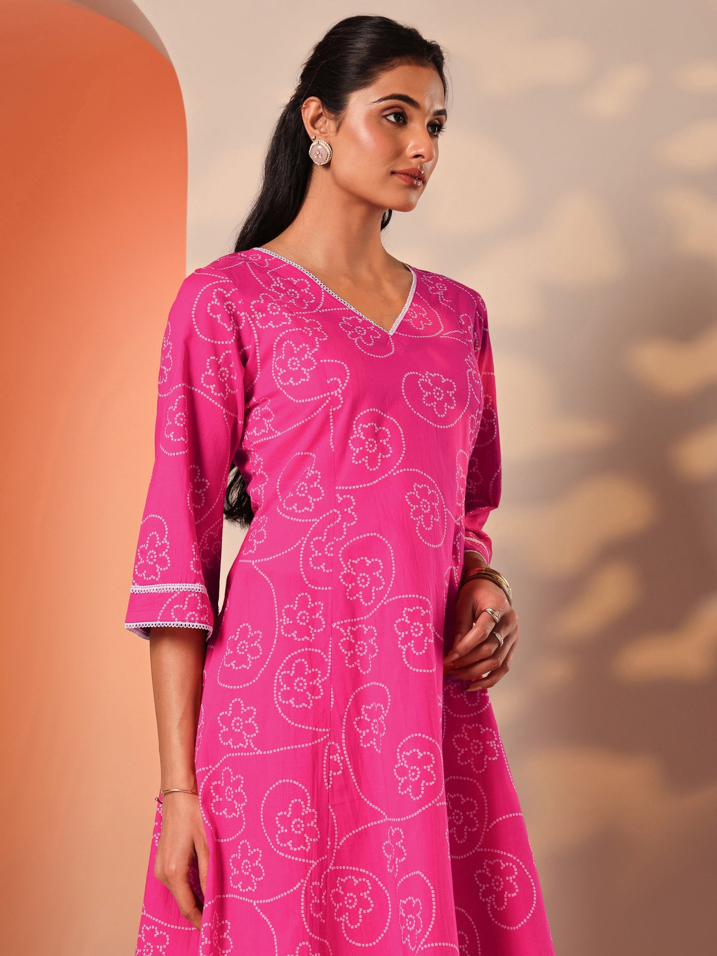 Pink Printed Cotton A-Line Suit Set With Dupatta