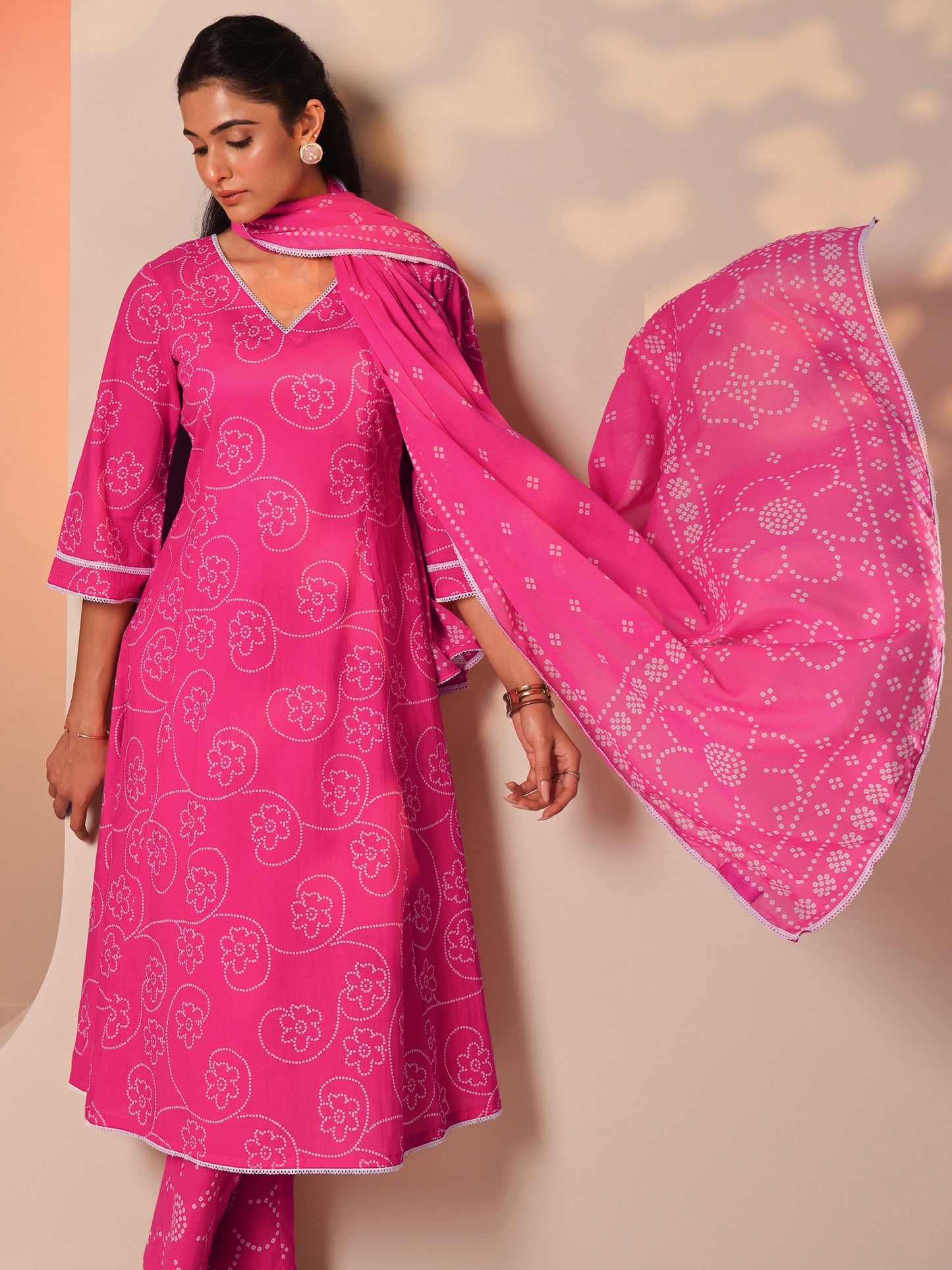 Pink Printed Cotton A-Line Suit Set With Dupatta