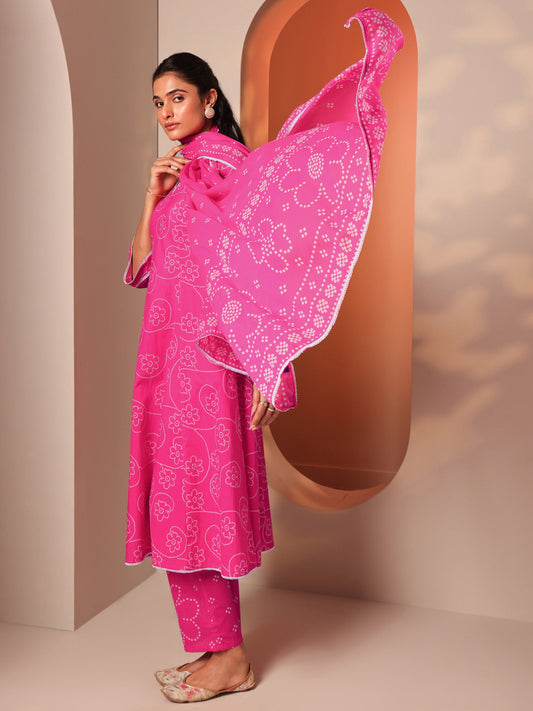 Pink Printed Cotton A-Line Suit Set With Dupatta