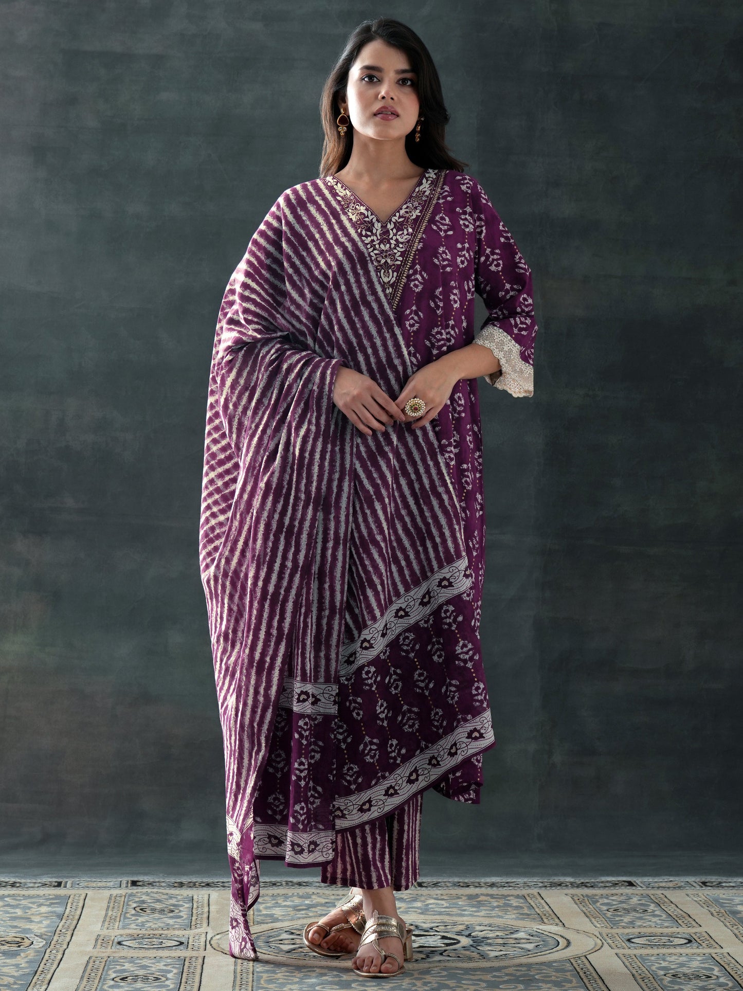 Purple Printed Cotton A-Line Suit Set With Dupatta
