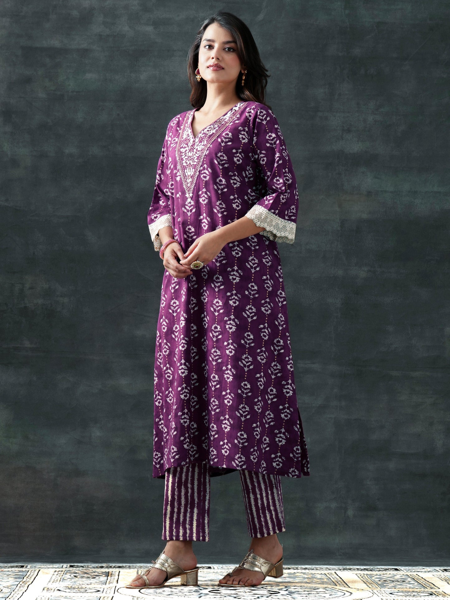 Purple Printed Cotton A-Line Suit Set With Dupatta
