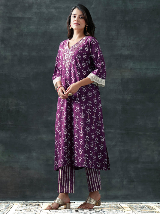 Purple Printed Cotton A-Line Suit Set With Dupatta