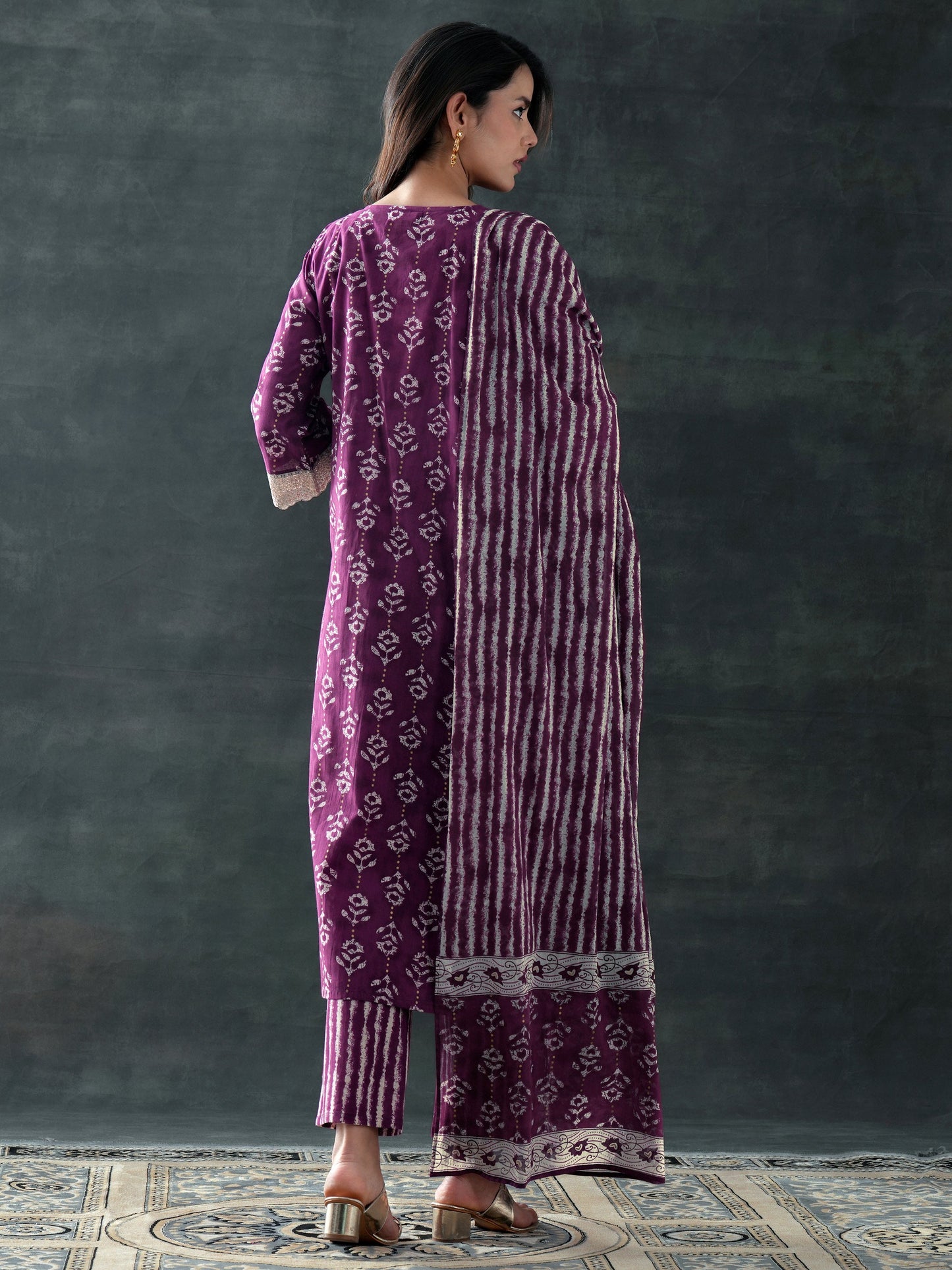 Purple Printed Cotton A-Line Suit Set With Dupatta