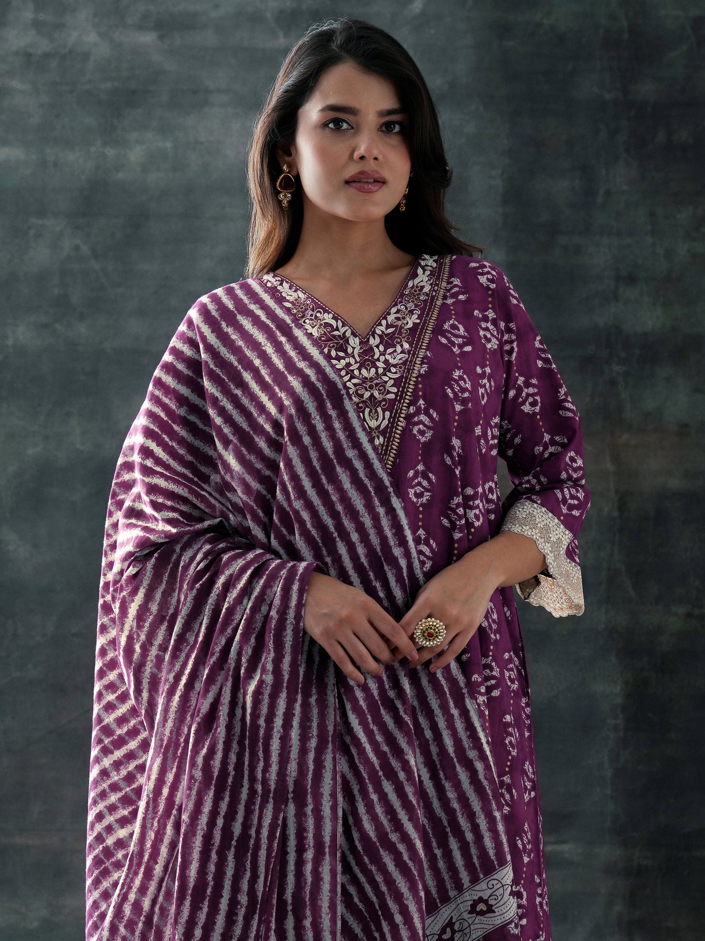 Purple Printed Cotton A-Line Suit Set With Dupatta