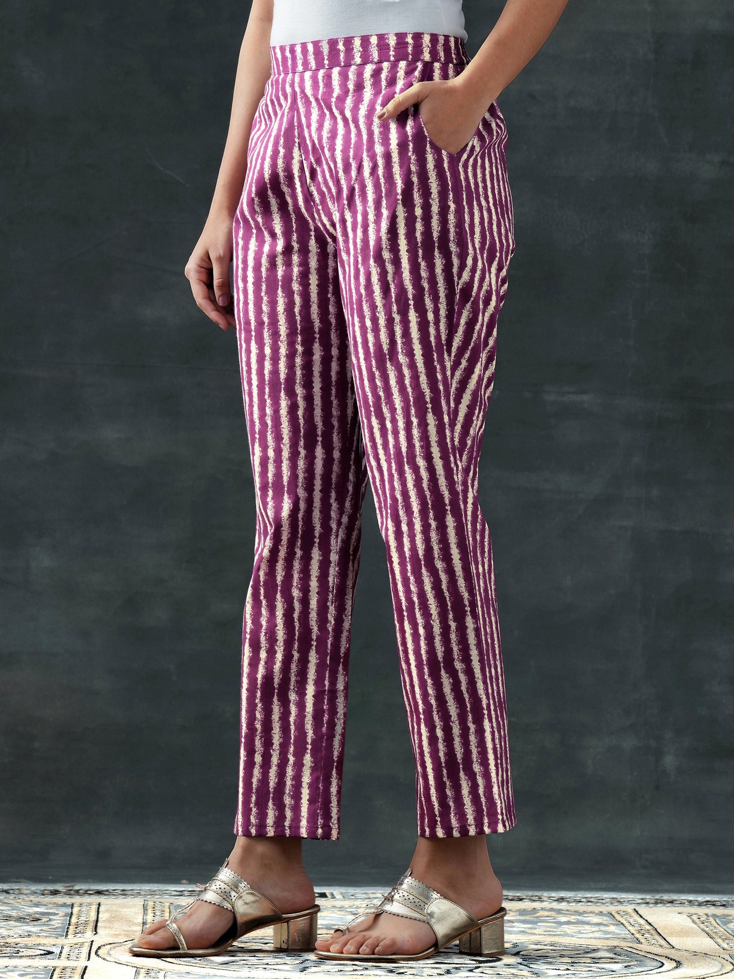 Purple Printed Cotton A-Line Suit Set With Dupatta