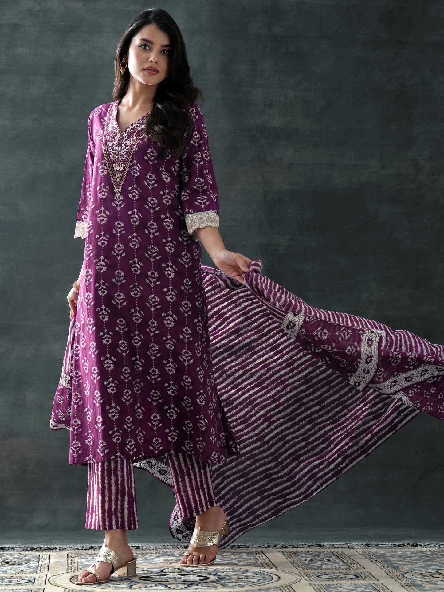 Purple Printed Cotton A-Line Suit Set With Dupatta