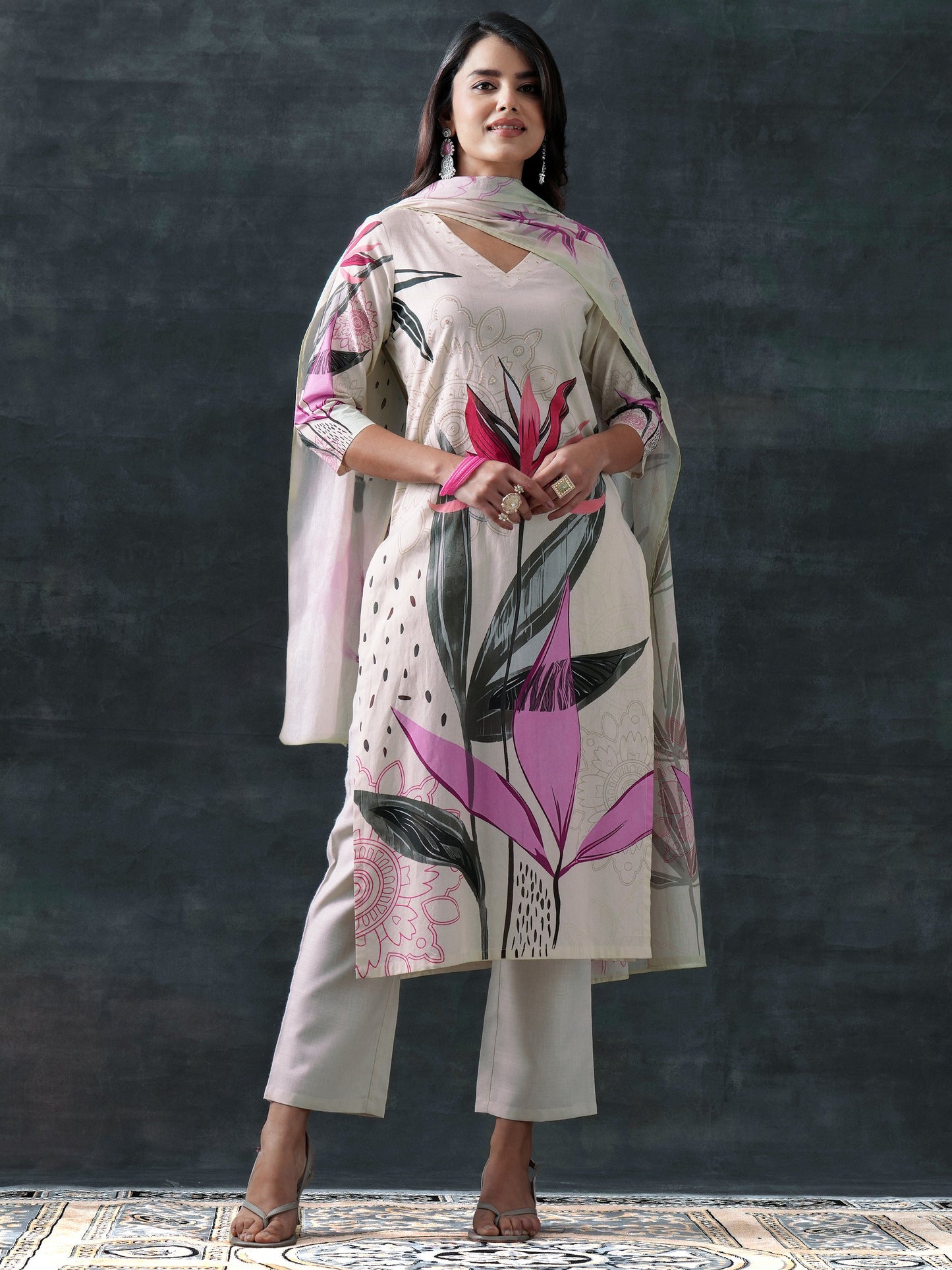 Beige Printed Cotton Straight Suit Set With Dupatta