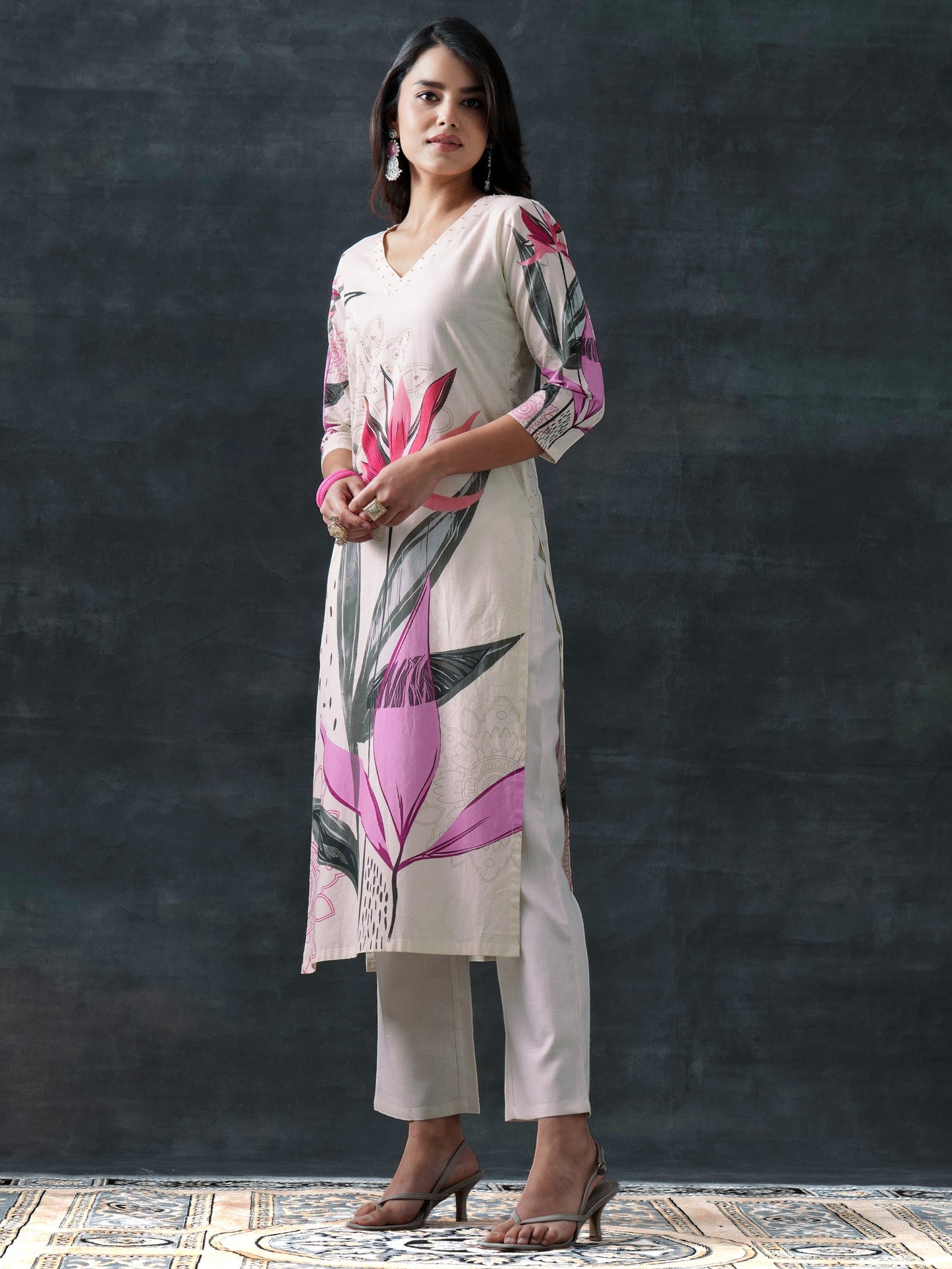 Beige Printed Cotton Straight Suit Set With Dupatta