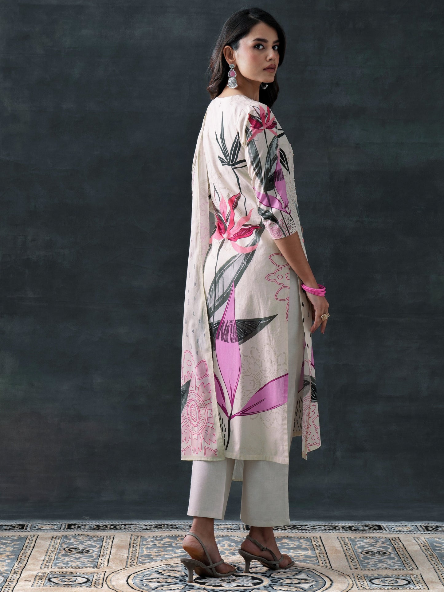Beige Printed Cotton Straight Suit Set With Dupatta