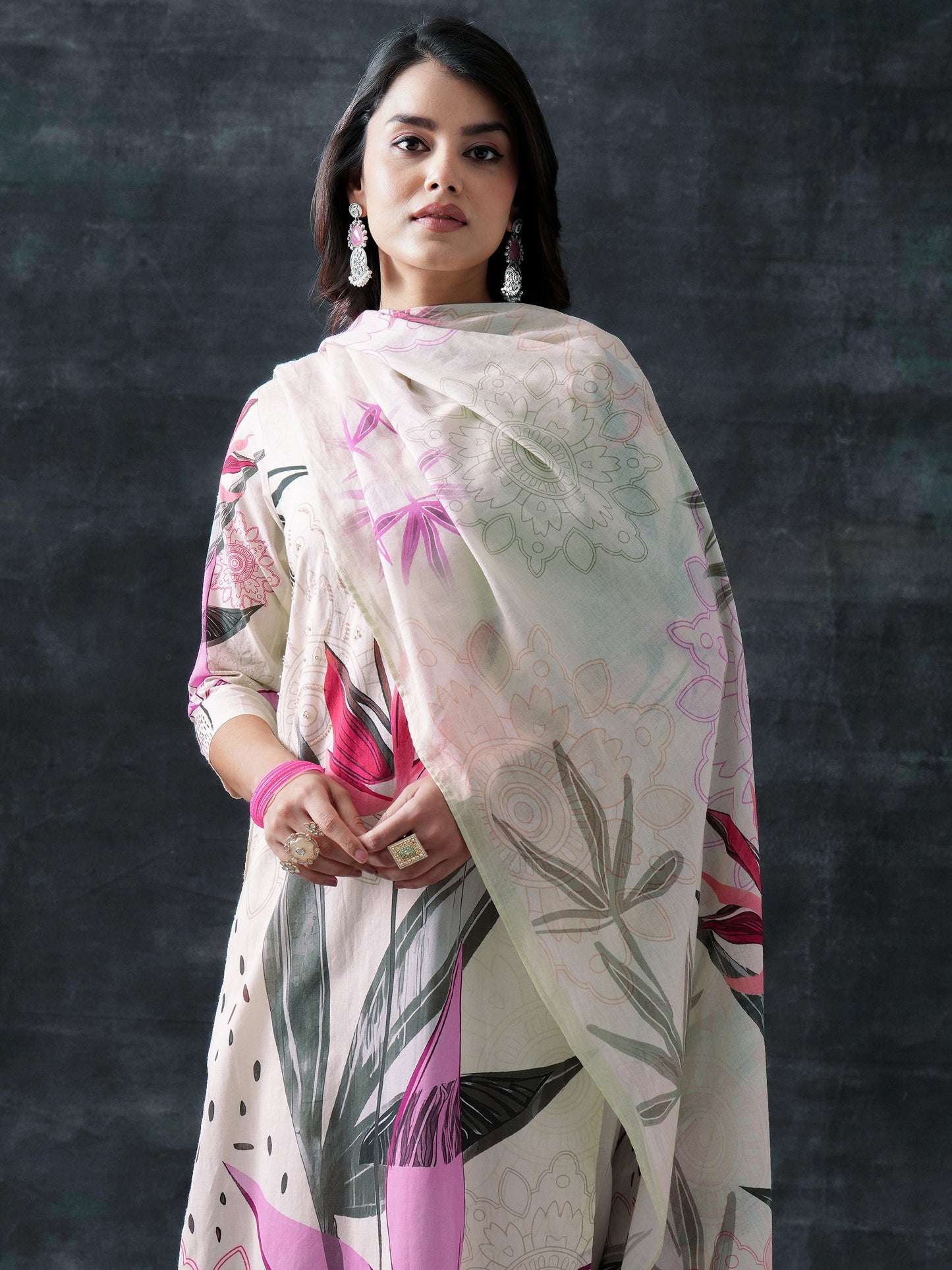 Beige Printed Cotton Straight Suit Set With Dupatta