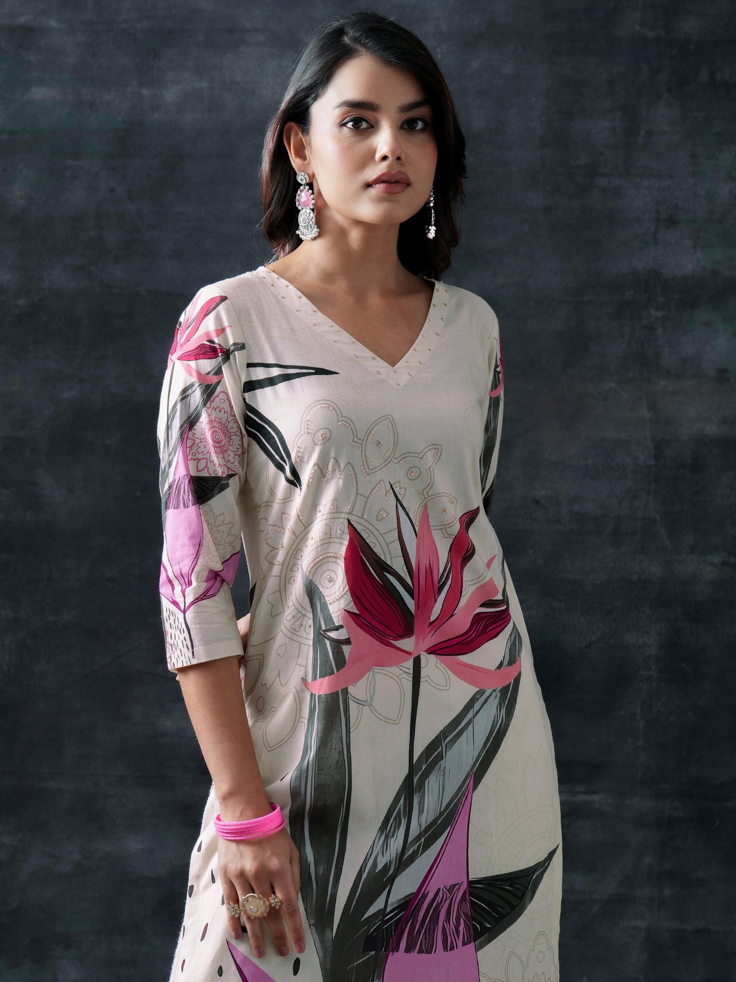 Beige Printed Cotton Straight Suit Set With Dupatta