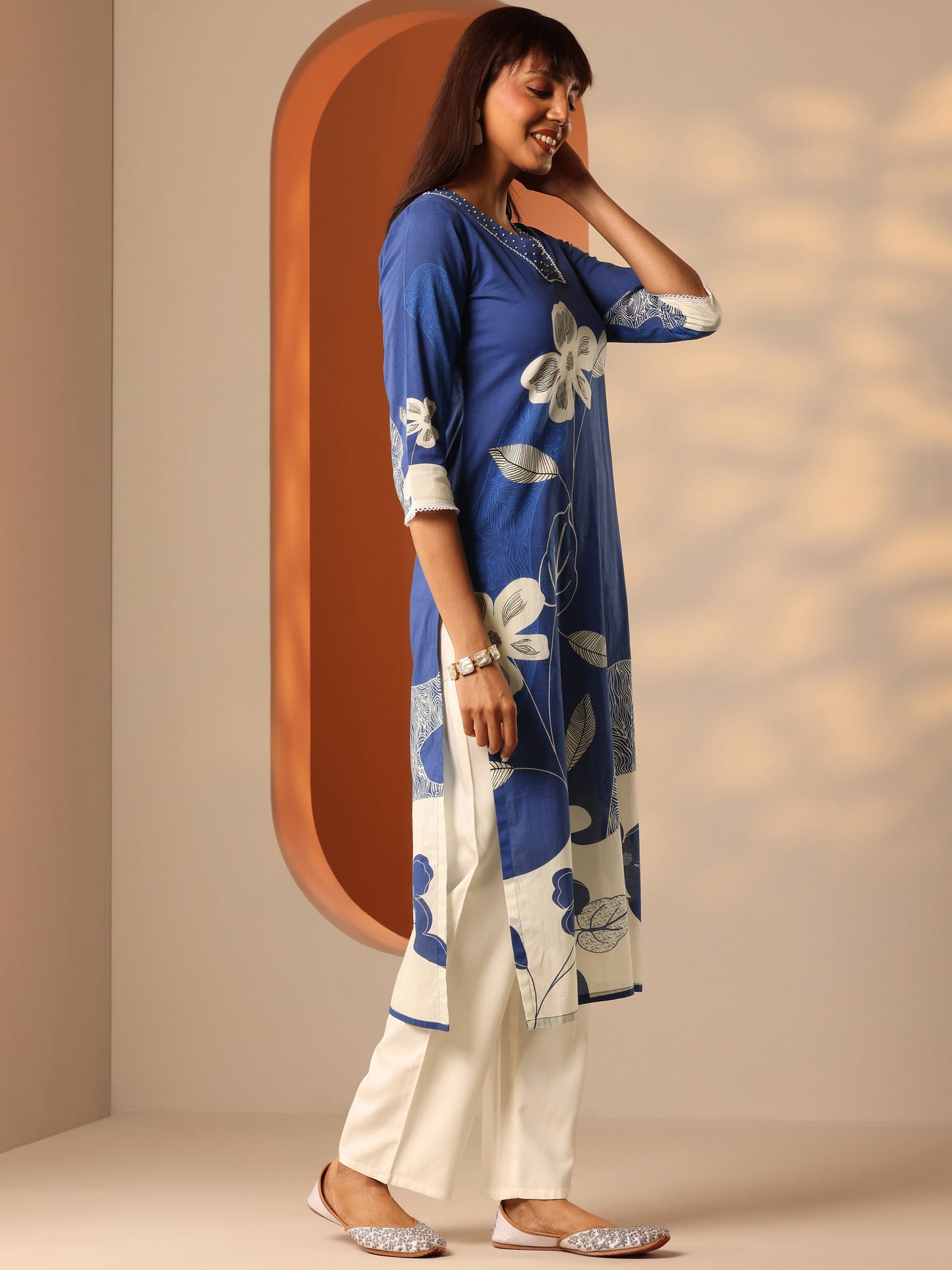 Blue Printed Cotton Straight Suit Set With Dupatta