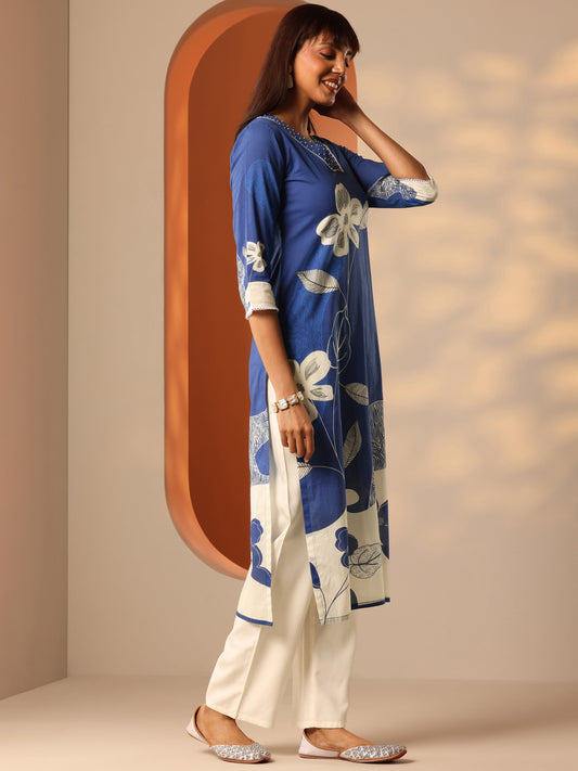 Blue Printed Cotton Straight Suit Set With Dupatta