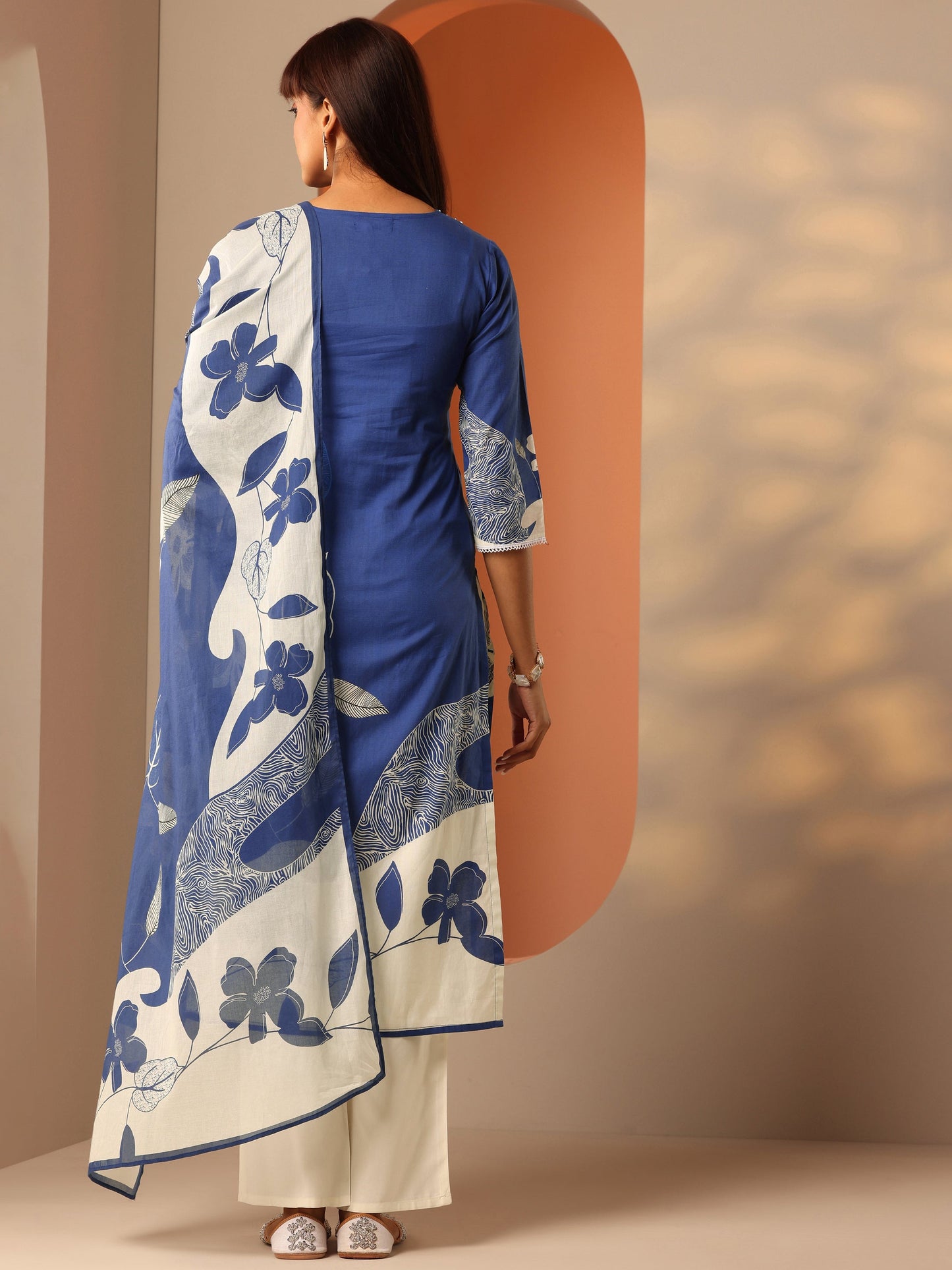 Blue Printed Cotton Straight Suit Set With Dupatta